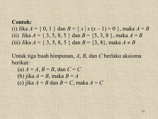 13
Contoh:
(i) Jika A = { 0, 1 } dan B = { x | x (x – 1) = 0 }, maka A = B
(ii) Jika A = { 3, 5, 8, 5 } dan B = {5, 3, 8 }, maka A = B
(iii) Jika A = { 3, 5, 8, 5 } dan B = {3, 8}, maka A  B
Untuk tiga buah himpunan, A, B, dan C berlaku aksioma
berikut:
(a) A = A, B = B, dan C = C
(b) jika A = B, maka B = A
(c) jika A = B dan B = C, maka A = C
 
