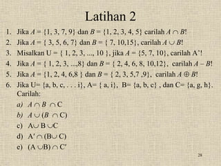 Latihan 2
1. Jika A = {1, 3, 7, 9} dan B = {1, 2, 3, 4, 5} carilah A  B!
2. Jika A = { 3, 5, 6, 7} dan B = { 7, 10,15}, carilah A  B!
3. Misalkan U = { 1, 2, 3, ..., 10 }, jika A = {5, 7, 10}, carilah A’!
4. Jika A = { 1, 2, 3, ...,8} dan B = { 2, 4, 6, 8, 10,12}, carilah A – B!
5. Jika A = {1, 2, 4, 6,8 } dan B = { 2, 3, 5,7 ,9}, carilah A  B!
6. Jika U= {a, b, c, . . . i}, A= { a, i}, B= {a, b, c} , dan C= {a, g, h}.
Carilah:
a) A  B  C
b) A  (B  C)
c) A B C
d) A′  (B C)
e) (A B)  C′
28
 