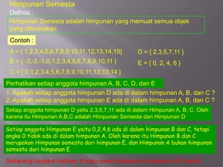 Himpunan Semesta
 Definisi :
 Himpunan Semesta adalah himpunan yang memuat semua objek
 yang dibicarakan
 Contoh :
 A = { 1,2,3,4,5,6,7,8,9,10,11,12,13,14,15}       D = { 2,3,5,7,11 }
 B = { -3,-2,-1,0,1,2,3,4,5,6,7,8,9,10,11 }       E = { 0, 2, 4, 6 }
 C = { 0,1,2,3,4,5,6,7,8,9,10,11,12,13,14 }
Perhatikan setiap anggota himpunan A, B, C, D, dan E
1. Apakah setiap anggota himpunan D ada di dalam himpunan A, B, dan C ?
2. Apakah setiap anggota himpunan E ada di dalam himpunan A, B, dan C ?
Setiap anggota himpunan D yaitu 2,3,5,7,11 ada di dalam Himpunan A, B, C. Oleh
karena itu Himpunan A,B,C adalah Himpunan Semesta dari Himpunan D

Setiap anggota Himpunan E yaitu 0,2,4,6 ada di dalam himpunan B dan C, tetapi
angka 0 tidak ada di dalam himpunan A. Oleh karena itu Himpunan B dan C
merupakan Himpunan semesta dari himpunan E, dan Himpunan A bukan himpunan
semesta dari himpunan E

Sekarang kerjakan latihan 5 buku paket halaman 6 (waktumu 30 menit)
 