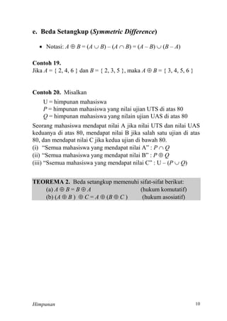 Himpunan
e. Beda Setangkup (Symmetric Difference)
 Notasi: A  B = (A  B) – (A  B) = (A – B)  (B – A)
Contoh 19.
Jika A = { 2, 4, 6 } dan B = { 2, 3, 5 }, maka A  B
Contoh 20. Misalkan
U = himpunan mahasiswa
P = himpunan mahasiswa yang nilai ujian UTS di atas 80
Q = himpunan mahasiswa yang nilain ujian UAS di atas 80
Seorang mahasiswa mendapat nilai A jika nilai UTS dan nilai UAS
keduanya di atas 80, mendapat nilai B jika salah satu ujian di atas
80, dan mendapat nilai C jika kedua ujian di bawah 80.
(i) “Semua mahasiswa yang mendapat nilai A” : P  Q
(ii) “Semua mahasiswa yang mendapat nilai B” : P  Q
(iii) “Ssemua mahasiswa yang mendapat nilai C” : U – (P  Q)
TEOREMA 2. Beda setangkup memenuhi sifat-sifat berikut:
(a) A  B = B  A (hukum komutatif)
(b) (A  B )  C = A  (B  C ) (hukum asosiatif)
 