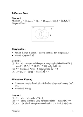 Himpunan
Diagram Venn
Contoh 5.
Misalkan U … 7 A = {1, 2, 3, 5} dan B =
Diagram Venn:
U
1 2
5
3 6
8
4
7
A B
Kardinalitas
 Jumlah elemen di dalam A disebut kardinal dari himpunan A.
 Notasi: n(A) atau A 
Contoh 6.
(i) B = { x | x merupakan bilangan prima yang lebih kecil dari 20 },
atau B 5, 7, 11, 13, 17, 19} maka B
(ii) T = {kucing, a, Amir, 10, paku}, maka T
(iii) A = {a, {a}, {{a}} }, maka A
Himpunan Kosong
 Himpunan dengan kardinal = 0 disebut himpunan kosong (null
set).
 Notasi :  atau {}
Contoh 7.
(i) E = { x | x < x }, maka n(E
(ii) P = { orang Indonesia yang pernah ke bulan }, maka n(P
(iii) A = {x | x adalah akar persamaan kuadrat x n(A
 