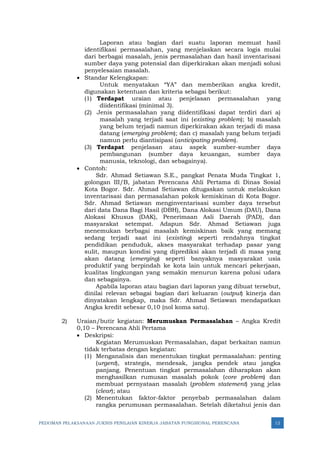 PEDOMAN PELAKSANAAN JUKNIS PENILAIAN KINERJA JABATAN FUNGSIONAL PERENCANA 12
Laporan atau bagian dari suatu laporan memuat hasil
identifikasi permasalahan, yang menjelaskan secara logis mulai
dari berbagai masalah, jenis permasalahan dan hasil inventarisasi
sumber daya yang potensial dan diperkirakan akan menjadi solusi
penyelesaian masalah.
• Standar Kelengkapan:
Untuk menyatakan “YA” dan memberikan angka kredit,
digunakan ketentuan dan kriteria sebagai berikut:
(1) Terdapat uraian atau penjelasan permasalahan yang
diidentifikasi (minimal 3).
(2) Jenis permasalahan yang diidentifikasi dapat terdiri dari a)
masalah yang terjadi saat ini (existing problem); b) masalah
yang belum terjadi namun diperkirakan akan terjadi di masa
datang (emerging problem); dan c) masalah yang belum terjadi
namun perlu diantisipasi (anticipating problem).
(3) Terdapat penjelasan atau aspek sumber-sumber daya
pembangunan (sumber daya keuangan, sumber daya
manusia, teknologi, dan sebagainya).
• Contoh:
Sdr. Ahmad Setiawan S.E., pangkat Penata Muda Tingkat 1,
golongan III/B, jabatan Perencana Ahli Pertama di Dinas Sosial
Kota Bogor. Sdr. Ahmad Setiawan ditugaskan untuk melakukan
inventarisasi dan permasalahan pokok kemiskinan di Kota Bogor.
Sdr. Ahmad Setiawan menginventarisasi sumber daya tersebut
dari data Dana Bagi Hasil (DBH), Dana Alokasi Umum (DAU), Dana
Alokasi Khusus (DAK), Penerimaan Asli Daerah (PAD), dan
masyarakat setempat. Adapun Sdr. Ahmad Setiawan juga
menemukan berbagai masalah kemiskinan baik yang memang
sedang terjadi saat ini (existing) seperti rendahnya tingkat
pendidikan penduduk, akses masyarakat terhadap pasar yang
sulit, maupun kondisi yang diprediksi akan terjadi di masa yang
akan datang (emerging) seperti banyaknya masyarakat usia
produktif yang berpindah ke kota lain untuk mencari pekerjaan,
kualitas lingkungan yang semakin menurun karena polusi udara
dan sebagainya.
Apabila laporan atau bagian dari laporan yang dibuat tersebut,
dinilai relevan sebagai bagian dari keluaran (output) kinerja dan
dinyatakan lengkap, maka Sdr. Ahmad Setiawan mendapatkan
Angka kredit sebesar 0,10 (nol koma satu).
2) Uraian/butir kegiatan: Merumuskan Permasalahan – Angka Kredit
0,10 – Perencana Ahli Pertama
• Deskripsi:
Kegiatan Merumuskan Permasalahan, dapat berkaitan namun
tidak terbatas dengan kegiatan:
(1) Menganalisis dan menentukan tingkat permasalahan: penting
(urgent), strategis, mendesak, jangka pendek atau jangka
panjang. Penentuan tingkat permasalahan diharapkan akan
menghasilkan rumusan masalah pokok (core problem) dan
membuat pernyataan masalah (problem statement) yang jelas
(clear); atau
(2) Menentukan faktor-faktor penyebab permasalahan dalam
rangka perumusan permasalahan. Setelah diketahui jenis dan
 