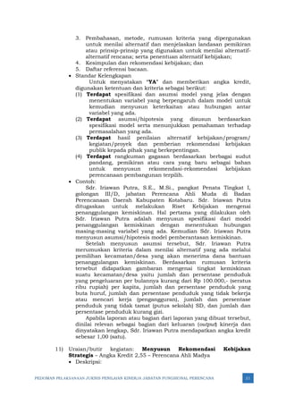 PEDOMAN PELAKSANAAN JUKNIS PENILAIAN KINERJA JABATAN FUNGSIONAL PERENCANA 21
3. Pembahasan, metode, rumusan kriteria yang dipergunakan
untuk menilai alternatif dan menjelaskan landasan pemikiran
atau prinsip-prinsip yang digunakan untuk menilai alternatif-
alternatif rencana; serta penentuan alternatif kebijakan;
4. Kesimpulan dan rekomendasi kebijakan; dan
5. Daftar referensi bacaan.
• Standar Kelengkapan
Untuk menyatakan “YA” dan memberikan angka kredit,
digunakan ketentuan dan kriteria sebagai berikut:
(1) Terdapat spesifikasi dan asumsi model yang jelas dengan
menentukan variabel yang berpengaruh dalam model untuk
kemudian menyusun keterkaitan atau hubungan antar
variabel yang ada.
(2) Terdapat asumsi/hipotesis yang disusun berdasarkan
spesifikasi model serta menunjukkan pemahaman terhadap
permasalahan yang ada.
(3) Terdapat hasil penilaian alternatif kebijakan/program/
kegiatan/proyek dan pemberian rekomendasi kebijakan
publik kepada pihak yang berkepentingan.
(4) Terdapat rangkuman gagasan berdasarkan berbagai sudut
pandang, pemikiran atau cara yang baru sebagai bahan
untuk menyusun rekomendasi-rekomendasi kebijakan
perencanaan pembangunan terpilih.
• Contoh:
Sdr. Iriawan Putra, S.E., M.Si., pangkat Penata Tingkat I,
golongan III/D, jabatan Perencana Ahli Muda di Badan
Perencanaan Daerah Kabupaten Kotabaru. Sdr. Iriawan Putra
ditugaskan untuk melakukan Riset Kebijakan mengenai
penanggulangan kemiskinan. Hal pertama yang dilakukan oleh
Sdr. Iriawan Putra adalah menyusun spesifikasi dari model
penanggulangan kemiskinan dengan menentukan hubungan
masing-masing variabel yang ada. Kemudian Sdr. Iriawan Putra
menyusun asumsi/hipotesis model pemberantasan kemiskinan.
Setelah menyusun asumsi tersebut, Sdr. Iriawan Putra
merumuskan kriteria dalam menilai alternatif yang ada melalui
pemilihan kecamatan/desa yang akan menerima dana bantuan
penanggulangan kemiskinan. Berdasarkan rumusan kriteria
tersebut didapatkan gambaran mengenai tingkat kemiskinan
suatu kecamatan/desa yaitu jumlah dan persentase penduduk
yang pengeluaran per bulannya kurang dari Rp 100.000,- (seratus
ribu rupiah) per kapita, jumlah dan persentase penduduk yang
buta huruf, jumlah dan persentase penduduk yang tidak bekerja
atau mencari kerja (pengangguran), jumlah dan persentase
penduduk yang tidak tamat (putus sekolah) SD, dan jumlah dan
persentase penduduk kurang gizi.
Apabila laporan atau bagian dari laporan yang dibuat tersebut,
dinilai relevan sebagai bagian dari keluaran (output) kinerja dan
dinyatakan lengkap, Sdr. Iriawan Putra mendapatkan angka kredit
sebesar 1,00 (satu).
11) Uraian/butir kegiatan: Menyusun Rekomendasi Kebijakan
Strategis – Angka Kredit 2,55 – Perencana Ahli Madya
• Deskripsi:
 