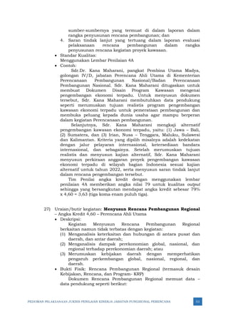 PEDOMAN PELAKSANAAN JUKNIS PENILAIAN KINERJA JABATAN FUNGSIONAL PERENCANA 53
sumber-sumbernya yang termuat di dalam laporan dalam
rangka penyusunan rencana pembangunan; dan
4. Saran tindak lanjut yang tertuang dalam laporan evaluasi
pelaksanaan rencana pembangunan dalam rangka
penyusunan rencana kegiatan proyek kawasan.
• Standar Kualitas:
Menggunakan Lembar Penilaian 4A
• Contoh:
Sdr.Dr. Kana Maharani, pangkat Pembina Utama Madya,
golongan IV/D, jabatan Perencana Ahli Utama di Kementerian
Perencanaan Pembangunan Nasional/Badan Perencanaan
Pembangunan Nasional. Sdr. Kana Maharani ditugaskan untuk
membuat Dokumen Disain Program Kawasan mengenai
pengembangan ekonomi terpadu. Untuk menyusun dokumen
tersebut, Sdr. Kana Maharani membutuhkan data pendukung
seperti merumuskan tujuan realistis program pengembangan
kawasan ekonomi terpadu untuk pemerataan pembangunan dan
membuka peluang kepada dunia usaha agar mampu berperan
dalam kegiatan Perencanaan pembangunan.
Selanjutnya, Sdr. Kana Maharani mengkaji alternatif
pengembangan kawasan ekonomi terpadu, yaitu: (1) Jawa – Bali,
(2) Sumatera, dan (3) Irian, Nusa – Tenggara, Maluku, Sulawesi
dan Kalimantan. Kriteria yang dipilih misalnya adalah kedekatan
dengan jalur pelayaran internasional, ketersediaan bandara
internasional, dan sebagainya. Setelah merumuskan tujuan
realistis dan menyusun kajian alternatif, Sdr. Kana Maharani
menyusun perkiraan anggaran proyek pengembangan kawasan
ekonomi terpadu di wilayah bagian Indonesia sesuai kajian
alternatif untuk tahun 2022, serta menyusun saran tindak lanjut
dalam rencana pengembangan tersebut.
Tim Penilai angka kredit dengan menggunakan lembar
penilaian 4A memberikan angka nilai 79 untuk kualitas output
sehingga yang bersangkutan mendapat angka kredit sebesar 79%
x 4,60 = 3,63 (tiga koma enam puluh tiga).
27) Uraian/butir kegiatan: Menyusun Rencana Pembangunan Regional
– Angka Kredit 4,60 – Perencana Ahli Utama
• Deskripsi:
Kegiatan Menyusun Rencana Pembangunan Regional
berkaitan namun tidak terbatas dengan kegiatan:
(1) Menganalisis keterkaitan dan hubungan di antara pusat dan
daerah, dan antar daerah;
(2) Menganalisis dampak perekonomian global, nasional, dan
regional terhadap perekonomian daerah; atau
(3) Merumuskan kebijakan daerah dengan memperhatikan
pengaruh perkembangan global, nasional, regional, dan
daerah.
• Bukti Fisik: Rencana Pembangunan Regional (termasuk desain
Kebijakan, Rencana, dan Program- KRP)
Dokumen Rencana Pembangunan Regional memuat data –
data pendukung seperti berikut:
 