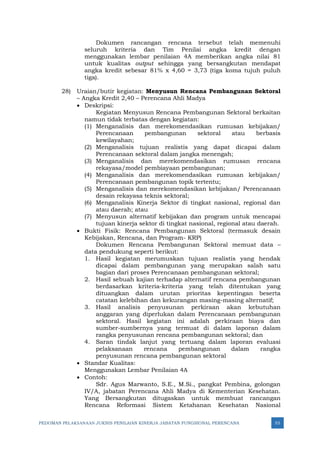 PEDOMAN PELAKSANAAN JUKNIS PENILAIAN KINERJA JABATAN FUNGSIONAL PERENCANA 55
Dokumen rancangan rencana tersebut telah memenuhi
seluruh kriteria dan Tim Penilai angka kredit dengan
menggunakan lembar penilaian 4A memberikan angka nilai 81
untuk kualitas output sehingga yang bersangkutan mendapat
angka kredit sebesar 81% x 4,60 = 3,73 (tiga koma tujuh puluh
tiga).
28) Uraian/butir kegiatan: Menyusun Rencana Pembangunan Sektoral
– Angka Kredit 2,40 – Perencana Ahli Madya
• Deskripsi:
Kegiatan Menyusun Rencana Pembangunan Sektoral berkaitan
namun tidak terbatas dengan kegiatan:
(1) Menganalisis dan merekomendasikan rumusan kebijakan/
Perencanaan pembangunan sektoral atau berbasis
kewilayahan;
(2) Menganalisis tujuan realistis yang dapat dicapai dalam
Perencanaan sektoral dalam jangka menengah;
(3) Menganalisis dan merekomendasikan rumusan rencana
rekayasa/model pembiayaan pembangunan;
(4) Menganalisis dan merekomendasikan rumusan kebijakan/
Perencanaan pembangunan topik tertentu;
(5) Menganalisis dan merekomendasikan kebijakan/ Perencanaan
desain rekayasa teknis sektoral;
(6) Menganalisis Kinerja Sektor di tingkat nasional, regional dan
atau daerah; atau
(7) Menyusun alternatif kebijakan dan program untuk mencapai
tujuan kinerja sektor di tingkat nasional, regional atau daerah.
• Bukti Fisik: Rencana Pembangunan Sektoral (termasuk desain
Kebijakan, Rencana, dan Program- KRP)
Dokumen Rencana Pembangunan Sektoral memuat data –
data pendukung seperti berikut:
1. Hasil kegiatan merumuskan tujuan realistis yang hendak
dicapai dalam pembangunan yang merupakan salah satu
bagian dari proses Perencanaan pembangunan sektoral;
2. Hasil sebuah kajian terhadap alternatif rencana pembangunan
berdasarkan kriteria-kriteria yang telah ditentukan yang
dituangkan dalam urutan prioritas kepentingan beserta
catatan kelebihan dan kekurangan masing-masing alternatif;
3. Hasil analisis penyusunan perkiraan akan kebutuhan
anggaran yang diperlukan dalam Perencanaan pembangunan
sektoral. Hasil kegiatan ini adalah perkiraan biaya dan
sumber-sumbernya yang termuat di dalam laporan dalam
rangka penyusunan rencana pembangunan sektoral; dan
4. Saran tindak lanjut yang tertuang dalam laporan evaluasi
pelaksanaan rencana pembangunan dalam rangka
penyusunan rencana pembangunan sektoral
• Standar Kualitas:
Menggunakan Lembar Penilaian 4A
• Contoh:
Sdr. Agus Marwanto, S.E., M.Si., pangkat Pembina, golongan
IV/A, jabatan Perencana Ahli Madya di Kementerian Kesehatan.
Yang Bersangkutan ditugaskan untuk membuat rancangan
Rencana Reformasi Sistem Ketahanan Kesehatan Nasional
 