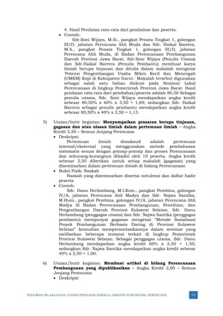 PEDOMAN PELAKSANAAN JUKNIS PENILAIAN KINERJA JABATAN FUNGSIONAL PERENCANA 75
4. Hasil Penilaian rata-rata dari pembahas dan peserta.
• Contoh:
Sdr.Soni Wijaya, M.Si., pangkat Penata Tingkat 1, golongan
III/D, jabatan Perencana Ahli Muda dan Sdr. Haikal Barrera,
M.A., pangkat Penata Tingkat 1, golongan III/D, jabatan
Perencana Ahli Muda, di Badan Perencanaan Pembangunan
Daerah Provinsi Jawa Barat. Sdr.Soni Wijaya (Penulis Utama)
dan Sdr.Haikal Barrera (Penulis Pembantu) membuat karya
ilmiah berupa tinjauan dan ditulis dalam makalah mengenai
′Potensi Pengembangan Usaha Mikro Kecil dan Menengah
(UMKM) Kopi di Kabupaten Garut.′ Makalah tersebut digunakan
sebagai salah satu bahan diskusi pada Seminar Lokal
Perencanaan di lingkup Pemerintah Provinsi Jawa Barat. Hasil
penilaian rata-rata dari pembahas/peserta adalah 80,50 Sebagai
penulis utama, Sdr. Soni Wijaya mendapatkan angka kredit
sebesar 80,50% x 60% x 3,50 = 1,69; sedangkan Sdr. Haikal
Barrera sebagai penulis pembantu mendapatkan angka kredit
sebesar 80,50% x 40% x 3,50 = 1,13.
5) Uraian/butir kegiatan: Menyampaikan prasaran berupa tinjauan,
gagasan dan atau ulasan ilmiah dalam pertemuan ilmiah – Angka
Kredit 2,50 – Semua Jenjang Perencana
• Deskripsi:
Pertemuan ilmiah dimaksud adalah pertemuan
internal/eksternal yang menggunakan metode pembahasan
sistematis sesuai dengan prinsip-prinsip dan proses Perencanaan
dan sekurang-kurangnya dihadiri oleh 10 peserta. Angka kredit
sebesar 2,50 diberikan untuk setiap makalah (gagasan) yang
diseminarkan dalam pertemuan ilmiah di bidang Perencanaan
• Bukti Fisik: Naskah
Naskah yang diseminarkan disertai notulensi dan daftar hadir
peserta
• Contoh:
Sdr. Danu Herlambang, M.I.Kom., pangkat Pembina, golongan
IV/A, jabatan Perencana Ahli Madya dan Sdr. Najwa Santika,
M.Hum., pangkat Pembina, golongan IV/A, jabatan Perencana Ahli
Madya di Badan Perencanaan Pembangunan, Penelitian, dan
Pengembangan Daerah Provinsi Sulawesi Selatan. Sdr. Danu
Herlambang (penggagas utama) dan Sdr. Najwa Santika (penggagas
pembantu) mempunyai gagasan mengenai “Metode Sosialisasi
Proyek Pembangunan Berbasis Daring di Provinsi Sulawesi
Selatan” kemudian mempresentasikannya dalam seminar yang
melibatkan beberapa instansi terkait di lingkup Pemerintah
Provinsi Sulawesi Selatan. Sebagai penggagas utama, Sdr. Danu
Herlambang mendapatkan angka kredit 60% x 2,50 = 1,50;
sedangkan Sdr. Najwa Santika mendapatkan angka kredit sebesar
40% x 2,50 = 1,00.
6) Uraian/butir kegiatan: Membuat artikel di bidang Perencanaan
Pembangunan yang dipublikasikan – Angka Kredit 2,00 – Semua
Jenjang Perencana
• Deskripsi:
 