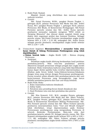 PEDOMAN PELAKSANAAN JUKNIS PENILAIAN KINERJA JABATAN FUNGSIONAL PERENCANA 77
• Bukti Fisik: Naskah
Majalah ilmiah yang diterbitkan dan memuat naskah
saduran tersebut.
• Contoh:
Sdr. Faisal Purnomo, M.BA., pangkat Penata Tingkat 1,
golongan III/D, jabatan Perencana Ahli Muda dan Sdr. Ardito
Surya, M.T. pangkat Penata Tingkat 1, golongan III/D, jabatan
Perencana Ahli Muda, di Kementerian Perdagangan. Sdr.Faisal
Purnomo (penulis utama) dan Sdr. Ardito Surya (penulis
pembantu) menyadur makalah mengenai “WTO Article on
Dumping Measures” dan dimuat dalam majalah ilmiah yang
diakui oleh organisasi profesi dan Instansi Pembina. Sebagai
penulis utama, Sdr.Faisal Purnomo mendapatkan angka kredit
sebesar 60% x 3,50 = 2,10 AK; sedangkan Sdr. Ardito Surya
sebagai penulis pembantu mendapatkan angka kredit sebesar
40% x 3,50 = 1,40.
2) Uraian/butir kegiatan: Menerjemahkan / menyadur buku atau
karya ilmiah di bidang Perencanaan Pembangunan yang tidak
dipublikasikan
a) Dalam bentuk buku – Angka Kredit 3,00 – Semua Jenjang
Perencana
• Deskripsi:
Perolehan angka kredit dihitung berdasarkan hasil penilaian
pembahas/peserta. Nilai rata-rata pembahas/ peserta
dikonversi menjadi persentase sebagai pengali dari angka kredit
maksimal. Buku terjemahan/saduran yang tidak dipublikasikan
hanya dapat dinilai apabila buku tersebut dipresentasikan dan
dibahas pada forum bedah buku/diskusi/seminar/lokakarya
dengan tema yang relevan dengan Perencanaan pembangunan.
Forum tersebut selain dihadiri oleh pembahas/peserta dari unit
kerja/instansi Perencana yang bersangkutan, juga harus
dihadiri pembahas/peserta dari luar unit kerja/instansi.
• Bukti Fisik: Buku
1. Buku terjemahan/saduran dimaksud;
2. Daftar hadir;
3. Notulensi atau prosiding forum ilmiah dimaksud; dan
4. Hasil Penilaian rata-rata dari pembahas dan peserta
• Contoh:
Sdr. Nita Suwanti, S.H., M.H., pangkat Penata, golongan
III/C, jabatan Perencana Ahli Muda dan Sdr. Niken Yuliarni,
M.E., pangkat Penata, golongan III/C, jabatan Perencana Ahli
Muda di Kementerian Koordinator Bidang Perekonomian. Sdr.
Nita Suwanti (penulis utama) dan Sdr. Niken Yuliarni (penulis
pembantu) menerjemahkan buku “Cost and Benefit Analysis”
tidak diterbitkan, tetapi dipresentasikan pada Seminar
Perencanaan pembangunan yang mengundang Perencana di
seluruh Kemenko Perekonomian. Rata-rata nilai dari
pembahas/peserta adalah 95. Sebagai penulis utama, Sdr. Nita
Suwanti mendapatkan angka kredit sebesar 95% x 60% x 3,00 =
1,71 AK; sedangkan Sdr. Niken Yuliarni sebagai penulis
pembantu mendapatkan angka kredit sebesar 95% x 40% x 3,00
= 1,14.
 
