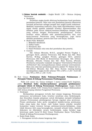 PEDOMAN PELAKSANAAN JUKNIS PENILAIAN KINERJA JABATAN FUNGSIONAL PERENCANA 78
b) Dalam bentuk makalah – Angka Kredit 1,50 – Semua Jenjang
Perencana
• Deskripsi:
Perolehan angka kredit dihitung berdasarkan hasil penilaian
pembahas/peserta. Nilai rata-rata pembahas/peserta dikonversi
menjadi persentase sebagai pengali dari angka kredit maksimal.
Makalah terjemahan/saduran yang tidak dipublikasikan hanya
dapat dinilai apabila makalah tersebut dipresentasikan dan
dibahas pada forum diskusi/seminar/lokakarya dengan topik
yang relevan dengan Perencanaan pembangunan. Forum
tersebut selain dihadiri oleh pembahas/peserta dari unit
kerja/instansi Perencana yang bersangkutan, juga harus
dihadiri pembahas/ peserta dari luar unit kerja/ instansi.
• Bukti Fisik: Makalah
1. Makalah dimaksud;
2. Daftar hadir;
3. Notulensi; dan
4. Hasil Penilaian rata-rata dari pembahas dan peserta.
• Contoh:
Sdr. Gibran Miranda, M.S.E., pangkat Penata Tingkat 1,
golongan III/D, jabatan Perencana Ahli Muda dan Sdr. Reza
Kurnia, M.Eng. pangkat Penata, golongan III/C, jabatan
Perencana Ahli Muda di Kementerian Keuangan. Sdr. Gibran
Miranda, (Penulis Utama) dan Sdr. Reza Kurnia, (Penulis
Pembantu) menyadur makalah mengenai “International Financial
Architecture” dan memaparkannya dalam seminar internasional.
Rata-rata nilai dari pembahas/peserta adalah 70. Dalam hal ini,
Sdr.Gibran Miranda dan Sdr. Reza Kurnia masing-masing
mendapatkan angka kredit sebesar 70% x 60% x 1,50 = 0,63 AK
dan 70% x 40% x 1,50 = 0,42.
D) Sub Unsur Pembuatan Buku Pedoman/Petunjuk Pelaksanaan /
Petunjuk Teknis di bidang Perencanaan Pembangunan
Pada sub unsur ini, hanya terdapat 1 (satu) uraian/butir kegiatan,
yaitu Membuat buku standar/pedoman/ petunjuk pelaksanaan/
petunjuk teknis di bidang Perencanaan Pembangunan. Angka Kredit
yang diperoleh adalah 3,00. Uraian/butir kegiatan ini dapat dilaksanakan
oleh semua jenjang Jabatan Fungsional Perencana.
• Deskripsi:
Berdasarkan penugasan tertulis dari atasan langsung, Perencana
menyusun isi/substansi buku tersebut sendirian atau berkelompok,
dan diusulkan kepada pimpinan untuk ditetapkan menjadi kebijakan
instansi Perencanaan pembangunan berupa regulasi atau peraturan.
Proses pembuatan buku perlu mengikuti kaidah/norma pembuatan
buku yang lazim dan benar. Jadi bukan hanya sekedar menjilid
kumpulan output instansi berupa pedoman/aturan/kebijakan, yang
tidak disusun oleh yang bersangkutan, menjadi sebuah buku. Apabila
dokumen ini dikerjakan secara berkelompok, maka berlaku juga
ketentuan pada huruf B (Sub Unsur Pembuatan Karya Tulis/Karya
Ilmiah di bidang Perencanaan Pembangunan).
• Bukti Fisik: Buku
1. Penugasan tertulis atasan langsung; dan
 