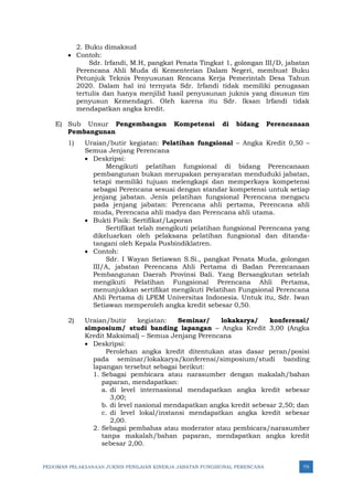 PEDOMAN PELAKSANAAN JUKNIS PENILAIAN KINERJA JABATAN FUNGSIONAL PERENCANA 79
2. Buku dimaksud
• Contoh:
Sdr. Irfandi, M.H, pangkat Penata Tingkat 1, golongan III/D, jabatan
Perencana Ahli Muda di Kementerian Dalam Negeri, membuat Buku
Petunjuk Teknis Penyusunan Rencana Kerja Pemerintah Desa Tahun
2020. Dalam hal ini ternyata Sdr. Irfandi tidak memiliki penugasan
tertulis dan hanya menjilid hasil penyusunan juknis yang disusun tim
penyusun Kemendagri. Oleh karena itu Sdr. Iksan Irfandi tidak
mendapatkan angka kredit.
E) Sub Unsur Pengembangan Kompetensi di bidang Perencanaan
Pembangunan
1) Uraian/butir kegiatan: Pelatihan fungsional – Angka Kredit 0,50 –
Semua Jenjang Perencana
• Deskripsi:
Mengikuti pelatihan fungsional di bidang Perencanaan
pembangunan bukan merupakan persyaratan menduduki jabatan,
tetapi memiliki tujuan melengkapi dan memperkaya kompetensi
sebagai Perencana sesuai dengan standar kompetensi untuk setiap
jenjang jabatan. Jenis pelatihan fungsional Perencana mengacu
pada jenjang jabatan: Perencana ahli pertama, Perencana ahli
muda, Perencana ahli madya dan Perencana ahli utama.
• Bukti Fisik: Sertifikat/Laporan
Sertifikat telah mengikuti pelatihan fungsional Perencana yang
dikeluarkan oleh pelaksana pelatihan fungsional dan ditanda-
tangani oleh Kepala Pusbindiklatren.
• Contoh:
Sdr. I Wayan Setiawan S.Si., pangkat Penata Muda, golongan
III/A, jabatan Perencana Ahli Pertama di Badan Perencanaan
Pembangunan Daerah Provinsi Bali. Yang Bersangkutan setelah
mengikuti Pelatihan Fungsional Perencana Ahli Pertama,
menunjukkan sertifikat mengikuti Pelatihan Fungsional Perencana
Ahli Pertama di LPEM Universitas Indonesia. Untuk itu, Sdr. Iwan
Setiawan memperoleh angka kredit sebesar 0,50.
2) Uraian/butir kegiatan: Seminar/ lokakarya/ konferensi/
simposium/ studi banding lapangan – Angka Kredit 3,00 (Angka
Kredit Maksimal) – Semua Jenjang Perencana
• Deskripsi:
Perolehan angka kredit ditentukan atas dasar peran/posisi
pada seminar/lokakarya/konferensi/simposium/studi banding
lapangan tersebut sebagai berikut:
1. Sebagai pembicara atau narasumber dengan makalah/bahan
paparan, mendapatkan:
a. di level internasional mendapatkan angka kredit sebesar
3,00;
b. di level nasional mendapatkan angka kredit sebesar 2,50; dan
c. di level lokal/instansi mendapatkan angka kredit sebesar
2,00.
2. Sebagai pembahas atau moderator atau pembicara/narasumber
tanpa makalah/bahan paparan, mendapatkan angka kredit
sebesar 2,00.
 