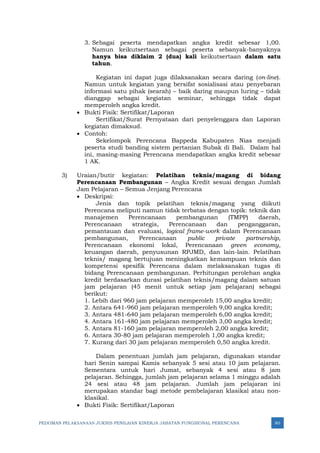 PEDOMAN PELAKSANAAN JUKNIS PENILAIAN KINERJA JABATAN FUNGSIONAL PERENCANA 80
3. Sebagai peserta mendapatkan angka kredit sebesar 1,00.
Namun keikutsertaan sebagai peserta sebanyak-banyaknya
hanya bisa diklaim 2 (dua) kali keikutsertaan dalam satu
tahun.
Kegiatan ini dapat juga dilaksanakan secara daring (on-line).
Namun untuk kegiatan yang bersifat sosialisasi atau penyebaran
informasi satu pihak (searah) – baik daring maupun luring – tidak
dianggap sebagai kegiatan seminar, sehingga tidak dapat
memperoleh angka kredit.
• Bukti Fisik: Sertifikat/Laporan
Sertifikat/Surat Pernyataan dari penyelenggara dan Laporan
kegiatan dimaksud.
• Contoh:
Sekelompok Perencana Bappeda Kabupaten Nias menjadi
peserta studi banding sistem pertanian Subak di Bali. Dalam hal
ini, masing-masing Perencana mendapatkan angka kredit sebesar
1 AK.
3) Uraian/butir kegiatan: Pelatihan teknis/magang di bidang
Perencanaan Pembangunan – Angka Kredit sesuai dengan Jumlah
Jam Pelajaran – Semua Jenjang Perencana
• Deskripsi:
Jenis dan topik pelatihan teknis/magang yang diikuti
Perencana meliputi namun tidak terbatas dengan topik: teknik dan
manajemen Perencanaan pembangunan (TMPP) daerah,
Perencanaan strategis, Perencanaan dan penganggaran,
pemantauan dan evaluasi, logical frame-work dalam Perencanaan
pembangunan, Perencanaan public private partnership,
Perencanaan ekonomi lokal, Perencanaan green economy,
keuangan daerah, penyusunan RPJMD, dan lain-lain. Pelatihan
teknis/ magang bertujuan meningkatkan kemampuan teknis dan
kompetensi spesifik Perencana dalam melaksanakan tugas di
bidang Perencanaan pembangunan. Perhitungan perolehan angka
kredit berdasarkan durasi pelatihan teknis/magang dalam satuan
jam pelajaran (45 menit untuk setiap jam pelajaran) sebagai
berikut:
1. Lebih dari 960 jam pelajaran memperoleh 15,00 angka kredit;
2. Antara 641-960 jam pelajaran memperoleh 9,00 angka kredit;
3. Antara 481-640 jam pelajaran memperoleh 6,00 angka kredit;
4. Antara 161-480 jam pelajaran memperoleh 3,00 angka kredit;
5. Antara 81-160 jam pelajaran memperoleh 2,00 angka kredit;
6. Antara 30-80 jam pelajaran memperoleh 1,00 angka kredit;
7. Kurang dari 30 jam pelajaran memperoleh 0,50 angka kredit.
Dalam penentuan jumlah jam pelajaran, digunakan standar
hari Senin sampai Kamis sebanyak 5 sesi atau 10 jam pelajaran.
Sementara untuk hari Jumat, sebanyak 4 sesi atau 8 jam
pelajaran. Sehingga, jumlah jam pelajaran selama 1 minggu adalah
24 sesi atau 48 jam pelajaran. Jumlah jam pelajaran ini
merupakan standar bagi metode pembelajaran klasikal atau non-
klasikal.
• Bukti Fisik: Sertifikat/Laporan
 