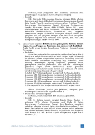PEDOMAN PELAKSANAAN JUKNIS PENILAIAN KINERJA JABATAN FUNGSIONAL PERENCANA 81
Sertifikat/surat pernyataan dari pelaksana pelatihan atau
penyelenggara magang dan laporan kegiatan magang.
• Contoh:
Sdr. Rini Adia M.E., pangkat Penata, golongan III/C, jabatan
Perencana Ahli Muda di Badan Perencanaan Pembangunan Daerah
Kota Depok. Yang Bersangkutan telah mengikuti Pelatihan Teknis
Perencanaan Pembangunan Daerah Rencana Pembangunan
Jangka Menengah Daerah (PPD RPJMD) Tahun 2021 yang
diselenggarakan oleh Pusat Pembinaan, Pendidikan dan Pelatihan
Perencana (Pusbindiklatren), Kementerian PPN/ Bappenas
bekerjasama dengan Universitas Brawijaya, dengan jumlah jam
pelajaran 170 jam pelajaran. Dengan bukti fisik surat penugasan
mengikuti kegiatan dan sertifikat atau laporan, Sdr. Rini Adia
memperoleh angka kredit sebesar 3,00.
4) Uraian/butir kegiatan: Pelatihan manajerial/sosial kultural terkait
tugas Jabatan Fungsional Perencana dan memperoleh Sertifikat –
Angka Kredit sesuai dengan Jumlah Jam Pelajaran – Semua Jenjang
Perencana
• Deskripsi:
Jenis dan topik pelatihan manajerial/socio-cultural yang diikuti
Perencana meliputi namun tidak terbatas dengan topik: leadership
for planners, proses pengambilan keputusan, metodologi penelitian
sosial budaya, pendekatan antropologi bagi Perencana, team-
building, membangun jejaring kerjasama, planning ethics,
peningkatan perilaku profesional, dan lain-lain. Perhitungan
perolehan angka kredit berdasarkan durasi pelatihan
manajerial/socio-cultural dalam satuan jam pelajaran (45 menit
untuk setiap jam pelajaran) sebagai berikut:
1. Lebih dari 960 jam pelajaran memperoleh 7,50 angka kredit;
2. Antara 641-960 jam pelajaran memperoleh 4,50 angka kredit;
3. Antara 481-640 jam pelajaran memperoleh 3,00 angka kredit;
4. Antara 161-480 jam pelajaran memperoleh 1,50 angka kredit;
5. Antara 81-160 jam pelajaran memperoleh 1,00 angka kredit;
6. Antara 30-80 jam pelajaran memperoleh 0,50 angka kredit;
7. Kurang dari 30 jam pelajaran memperoleh 0,25 angka kredit.
Dalam penentuan jumlah jam pelajaran, mengacu pada
standar pada uraian/butir kegiatan nomor 3.
• Bukti Fisik: Sertifikat/laporan
Sertifikat/surat pernyataan dari pelaksana pelatihan.
• Contoh:
Sdr. Ir. Rahma Anjani, pangkat Penata Muda Tingkat 1,
golongan III/D, jabatan Perencana Ahli Muda di Badan
Perencanaan Pembangunan Daerah Kota Bandung mengikuti
pelatihan planning ethics di Universitas Padjadjaran selama 5 hari
kerja. Jam pelajaran yang diikuti sesuai dengan daftar pelajaran
dan jumlah sesinya di dalam sertifikat berjumlah 48 jam pelajaran.
Oleh karena itu, Sdr. Rahma Anjani memperoleh angka kredit
sebesar 1,00.
 