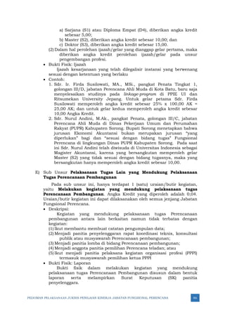 PEDOMAN PELAKSANAAN JUKNIS PENILAIAN KINERJA JABATAN FUNGSIONAL PERENCANA 86
a) Sarjana (S1) atau Diploma Empat (D4), diberikan angka kredit
sebesar 5,00;
b) Master (S2), diberikan angka kredit sebesar 10,00; dan
c) Doktor (S3), diberikan angka kredit sebesar 15,00.
(2) Dalam hal perolehan ijazah/gelar yang dianggap gelar pertama, maka
diberikan angka kredit perolehan ijazah/gelar pada unsur
pengembangan profesi.
• Bukti Fisik: Ijazah
Ijazah kesarjanaan yang telah dilegalisir instansi yang berwenang
sesuai dengan ketentuan yang berlaku
• Contoh:
1. Sdr. Ir. Firda Susilowati, MA., MSi., pangkat Penata Tingkat 1,
golongan III/D, jabatan Perencana Ahli Muda di Kota Batu, baru saja
menyelesaikan studinya pada linkage-program di PPIE UI dan
Ritsumekan University Jepang. Untuk gelar petama Sdr. Firda
Susilowati memperoleh angka kredit sebesar 25% x 100,00 AK =
25,00 AK; dan untuk gelar kedua memperoleh angka kredit sebesar
10,00 Angka Kredit.
2. Sdr. Nurul Andini, M.Ak., pangkat Penata, golongan III/C, jabatan
Perencana Ahli Muda di Dinas Pekerjaan Umum dan Perumahan
Rakyat (PUPR) Kabupaten Sorong. Bupati Sorong menetapkan bahwa
jurusan Ekonomi Akuntansi bukan merupakan jurusan “yang
diperlukan” bagi dan “sesuai dengan bidang tugas” Fungsional
Perencana di lingkungan Dinas PUPR Kabupaten Sorong. Pada saat
ini Sdr. Nurul Andini telah diwisuda di Universitas Indonesia sebagai
Magister Akuntansi, karena yang bersangkutan memperoleh gelar
Master (S2) yang tidak sesuai dengan bidang tugasnya, maka yang
bersangkutan hanya memperoleh angka kredit sebesar 10,00.
E) Sub Unsur Pelaksanaan Tugas Lain yang Mendukung Pelaksanaan
Tugas Perencanaan Pembangunan
Pada sub unsur ini, hanya terdapat 1 (satu) uraian/butir kegiatan,
yaitu Melakukan kegiatan yang mendukung pelaksanaan tugas
Perencanaan Pembangunan. Angka Kredit yang diperoleh adalah 0,04.
Uraian/butir kegiatan ini dapat dilaksanakan oleh semua jenjang Jabatan
Fungsional Perencana.
• Deskripsi:
Kegiatan yang mendukung pelaksanaan tugas Perencanaan
pembangunan antara lain berkaitan namun tidak terbatas dengan
kegiatan:
(1) Ikut membantu membuat catatan pengumpulan data;
(2) Menjadi panitia penyelenggaran rapat koordinasi teknis, konsultasi
publik atau musyawarah Perencanaan pembangunan;
(3) Menjadi panitia lomba di bidang Perencanaan pembangunan;
(4) Menjadi anggota panitia pemilihan Perencana teladan; atau
(5) Ikut menjadi panitia pelaksana kegiatan organisasi profesi (PPPI)
termasuk musyawarah pemilihan ketua PPPI
• Bukti Fisik: Laporan
Bukti fisik dalam melakukan kegiatan yang mendukung
pelaksanaan tugas Perencanaan Pembangunan disusun dalam bentuk
laporan serta melampirkan Surat Keputusan (SK) panitia
penyelenggara.
 