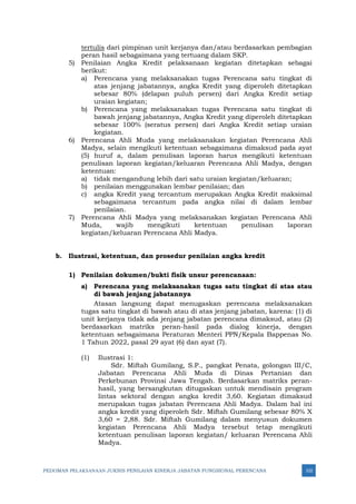 PEDOMAN PELAKSANAAN JUKNIS PENILAIAN KINERJA JABATAN FUNGSIONAL PERENCANA 102
tertulis dari pimpinan unit kerjanya dan/atau berdasarkan pembagian
peran hasil sebagaimana yang tertuang dalam SKP.
5) Penilaian Angka Kredit pelaksanaan kegiatan ditetapkan sebagai
berikut:
a) Perencana yang melaksanakan tugas Perencana satu tingkat di
atas jenjang jabatannya, angka Kredit yang diperoleh ditetapkan
sebesar 80% (delapan puluh persen) dari Angka Kredit setiap
uraian kegiatan;
b) Perencana yang melaksanakan tugas Perencana satu tingkat di
bawah jenjang jabatannya, Angka Kredit yang diperoleh ditetapkan
sebesar 100% (seratus persen) dari Angka Kredit setiap uraian
kegiatan.
6) Perencana Ahli Muda yang melaksanakan kegiatan Perencana Ahli
Madya, selain mengikuti ketentuan sebagaimana dimaksud pada ayat
(5) huruf a, dalam penulisan laporan harus mengikuti ketentuan
penulisan laporan kegiatan/keluaran Perencana Ahli Madya, dengan
ketentuan:
a) tidak mengandung lebih dari satu uraian kegiatan/keluaran;
b) penilaian menggunakan lembar penilaian; dan
c) angka Kredit yang tercantum merupakan Angka Kredit maksimal
sebagaimana tercantum pada angka nilai di dalam lembar
penilaian.
7) Perencana Ahli Madya yang melaksanakan kegiatan Perencana Ahli
Muda, wajib mengikuti ketentuan penulisan laporan
kegiatan/keluaran Perencana Ahli Madya.
b. Ilustrasi, ketentuan, dan prosedur penilaian angka kredit
1) Penilaian dokumen/bukti fisik unsur perencanaan:
a) Perencana yang melaksanakan tugas satu tingkat di atas atau
di bawah jenjang jabatannya
Atasan langsung dapat menugaskan perencana melaksanakan
tugas satu tingkat di bawah atau di atas jenjang jabatan, karena: (1) di
unit kerjanya tidak ada jenjang jabatan perencana dimaksud, atau (2)
berdasarkan matriks peran-hasil pada dialog kinerja, dengan
ketentuan sebagaimana Peraturan Menteri PPN/Kepala Bappenas No.
1 Tahun 2022, pasal 29 ayat (6) dan ayat (7).
(1) Ilustrasi 1:
Sdr. Miftah Gumilang, S.P., pangkat Penata, golongan III/C,
Jabatan Perencana Ahli Muda di Dinas Pertanian dan
Perkebunan Provinsi Jawa Tengah. Berdasarkan matriks peran-
hasil, yang bersangkutan ditugaskan untuk mendisain program
lintas sektoral dengan angka kredit 3,60. Kegiatan dimaksud
merupakan tugas jabatan Perencana Ahli Madya. Dalam hal ini
angka kredit yang diperoleh Sdr. Miftah Gumilang sebesar 80% X
3,60 = 2,88. Sdr. Miftah Gumilang dalam menyusun dokumen
kegiatan Perencana Ahli Madya tersebut tetap mengikuti
ketentuan penulisan laporan kegiatan/ keluaran Perencana Ahli
Madya.
 