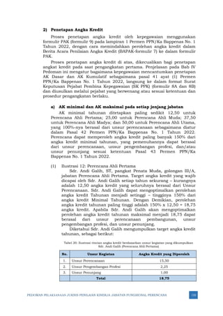 PEDOMAN PELAKSANAAN JUKNIS PENILAIAN KINERJA JABATAN FUNGSIONAL PERENCANA 110
2) Penetapan Angka Kredit
Proses penetapan angka kredit oleh kepegawaian menggunakan
formulir PAK (formulir 9) pada lampiran 1 Permen PPN/Ka Bappenas No. 1
Tahun 2022, dengan cara memindahkan perolehan angka kredit dalam
Berita Acara Penilaian Angka Kredit (BAPAK-formulir 7) ke dalam formulir
PAK.
Proses penetapan angka kredit di atas, dikecualikan bagi penetapan
angkat kredit pada saat pengangkatan pertama. Penjelasan pada Bab IV
Pedoman ini mengatur bagaimana kepegawaian mencantumkan penetapan
AK Dasar dan AK Kumulatif sebagaimana pasal 41 ayat (1) Permen
PPN/Ka Bappenas No. 1 Tahun 2022, langsung ke dalam format Surat
Keputusan Pejabat Pembina Kepegawaian (SK PPK) (formulir 8A dan 8B)
dan diusulkan melalui pejabat yang berwenang atau sesuai ketentuan dan
prosedur pengangkatan berlaku.
a) AK minimal dan AK maksimal pada setiap jenjang jabatan
AK minimal tahunan ditetapkan paling sedikit 12,50 untuk
Perencana Ahli Pertama; 25,00 untuk Perencana Ahli Muda; 37,50
untuk Perencana Ahli Madya; dan 50,00 untuk Perencana Ahli Utama,
yang 100%-nya berasal dari unsur perencanaan sebagaimana diatur
dalam Pasal 42 Permen PPN/Ka Bappenas No. 1 Tahun 2022.
Perencana dapat memperoleh angka kredit paling banyak 150% dari
angka kredit minimal tahunan, yang pemenuhannya dapat berasal
dari unsur perencanaan, unsur pengembangan profesi, dan/atau
unsur penunjang sesuai ketentuan Pasal 43 Permen PPN/Ka
Bappenas No. 1 Tahun 2022.
(1) Ilustrasi 12: Perencana Ahli Pertama
Sdr. Andi Galih, ST, pangkat Penata Muda, golongan III/A,
jabatan Perencana Ahli Pertama. Target angka kredit yang wajib
dicapai oleh Sdr. Andi Galih setiap tahun sekurang – kurangnya
adalah 12,50 angka kredit yang seluruhnya berasal dari Unsur
Perencanaan. Sdr. Andi Galih dapat mengoptimalkan perolehan
angka kredit Tahunan menjadi setinggi – tingginya 150% dari
angka kredit Minimal Tahunan. Dengan Demikian, perolehan
angka kredit tahunan paling tinggi adalah 150% x 12,50 = 18,75
angka kredit. Apabila Sdr. Andi Galih akan mengoptimalkan
perolehan angka kredit tahunan maksimal menjadi 18,75 dapat
berasal dari unsur perencanaan pembangunan, unsur
pengembangan profesi, dan unsur penunjang.
Diketahui Sdr. Andi Galih mengumpulkan target angka kredit
tahunan, sebagai berikut:
Tabel 20: Ilustrasi rincian angka kredit berdasarkan unsur kegiatan yang dikumpulkan
Sdr. Andi Galih (Perencana Ahli Pertama)
No. Unsur Kegiatan Angka Kredit yang Diperoleh
1. Unsur Perencanaan 15,50
2. Unsur Pengembangan Profesi 2,25
3. Unsur Penunjang 1,00
Total 18,75
 