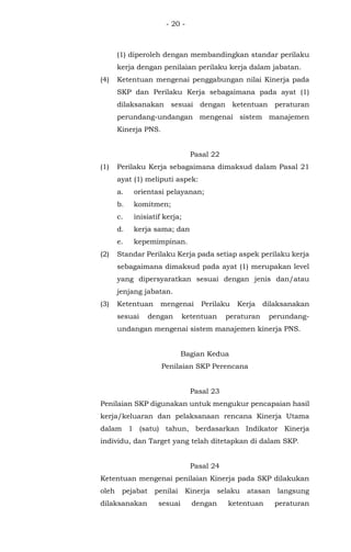 - 20 -
(1) diperoleh dengan membandingkan standar perilaku
kerja dengan penilaian perilaku kerja dalam jabatan.
(4) Ketentuan mengenai penggabungan nilai Kinerja pada
SKP dan Perilaku Kerja sebagaimana pada ayat (1)
dilaksanakan sesuai dengan ketentuan peraturan
perundang-undangan mengenai sistem manajemen
Kinerja PNS.
Pasal 22
(1) Perilaku Kerja sebagaimana dimaksud dalam Pasal 21
ayat (1) meliputi aspek:
a. orientasi pelayanan;
b. komitmen;
c. inisiatif kerja;
d. kerja sama; dan
e. kepemimpinan.
(2) Standar Perilaku Kerja pada setiap aspek perilaku kerja
sebagaimana dimaksud pada ayat (1) merupakan level
yang dipersyaratkan sesuai dengan jenis dan/atau
jenjang jabatan.
(3) Ketentuan mengenai Perilaku Kerja dilaksanakan
sesuai dengan ketentuan peraturan perundang-
undangan mengenai sistem manajemen kinerja PNS.
Bagian Kedua
Penilaian SKP Perencana
Pasal 23
Penilaian SKP digunakan untuk mengukur pencapaian hasil
kerja/keluaran dan pelaksanaan rencana Kinerja Utama
dalam 1 (satu) tahun, berdasarkan Indikator Kinerja
individu, dan Target yang telah ditetapkan di dalam SKP.
Pasal 24
Ketentuan mengenai penilaian Kinerja pada SKP dilakukan
oleh pejabat penilai Kinerja selaku atasan langsung
dilaksanakan sesuai dengan ketentuan peraturan
 