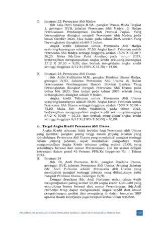 PEDOMAN PELAKSANAAN JUKNIS PENILAIAN KINERJA JABATAN FUNGSIONAL PERENCANA 116
(3) Ilustrasi 22: Perencana Ahli Madya
Sdr. Lisa Putri Amaliya M.BA., pangkat Penata Muda Tingkat
1, golongan IV/B, jabatan Perencana Ahli Madya, di Badan
Perencanaan Pembangunan Daerah Provinsi Papua. Yang
Bersangkutan diangkat menjadi Perencana Ahli Madya pada
bulan Oktober 2025. Sisa bulan pada tahun 2025 setelah Yang
Bersangkutan diangkat adalah 3 bulan.
Angka kredit Tahunan untuk Perencana Ahli Madya
sekurang-kurangnya adalah 37,50. Angka kredit Tahunan untuk
Perencana Ahli Madya setinggi-tingginya adalah 150% X 37,50 =
56,25. Maka Sdr.Lisa Putri Amaliya, pada tahun 2025,
berkewajiban mengumpulkan angka kredit sekurang-kurangnya
3/12 X 37,50 = 9,38; dan berhak mengeklaim angka kredit
setinggi-tingginya 3/12 X (150% X 37,50) = 14,06.
(4) Ilustrasi 23: Perencana Ahli Utama
Sdr. Arifin Yudhistira M.M., pangkat Pembina Utama Madya,
golongan IV/D, Jabatan Perencana Ahli Utama di Badan
Perencanaan Pembangunan Daerah Provinsi Banten. Yang
Bersangkutan diangkat menjadi Perencana Ahli Utama pada
bulan Mei 2023. Sisa bulan pada tahun 2023 setelah yang
bersangkutan diangkat adalah 8 bulan.
Angka kredit Tahunan untuk Perencana Ahli Utama
sekurang-kurangnya adalah 50,00. Angka kredit Tahunan untuk
Perencana Ahli Utama setinggi-tingginya adalah 150% X 50,00 =
75,00. Maka Sdr. Arifin Yudhistira, pada tahun 2023,
berkewajiban mengumpulkan angka kredit sekurang-kurangnya
8/12 X 50,00 = 33,33; dan berhak meng-klaim angka kredit
setinggi-tingginya 8/12 X (150% X 50,00) = 50,00.
c) Target Angka Kredit Perencana Ahli Utama
Angka Kredit tahunan tidak berlaku bagi Perencana Ahli Utama
yang memiliki pangkat paling tinggi dalam jenjang jabatan yang
didudukinya. Perencana Ahli Utama yang menduduki pangkat tertinggi
dalam jenjang jabatan, sejak menduduki pangkatnya wajib
mengumpulkan Angka Kredit tahunan paling sedikit 25,00, yang
seluruhnya berasal dari unsur Perencanaan. Hal ini sesuai dengan
ketentuan dalam pasal 45 Permen PPN/Ka Bappenas No. 1 Tahun
2022.
(1) Ilustrasi 24
Sdr. Dr. Andi Purnomo, M.Si., pangkat Pembina Utama,
golongan IV/E, jabatan Perencana Ahli Utama. Jenjang Jabatan
Sdr. Andi Purnomo adalah Perencana Ahli Utama yang
menduduki pangkat tertinggi jabatan yang didudukinya yaitu
Pangkat Pembina Utama, Golongan IV/E.
Dengan demikian Sdr. Andi Purnomo setiap tahun wajib
mengumpulkan paling sedikit 25,00 angka kredit Kumulatif yang
seluruhnya harus berasal dari unsur Perencanaan. Sdr.Andi
Purnomo tetap dapat mengusulkan angka kredit dari unsur
pengembangan profesi dan penunjang di dalam lampiran SKP
apabila dalam kinerjanya juga meliputi kedua unsur tersebut.
 