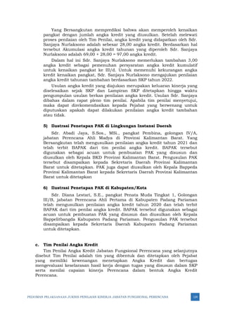 PEDOMAN PELAKSANAAN JUKNIS PENILAIAN KINERJA JABATAN FUNGSIONAL PERENCANA 124
Yang Bersangkutan memprediksi bahwa akan memperoleh kenaikan
pangkat dengan jumlah angka kredit yang diusulkan. Setelah melewati
proses penilaian oleh Tim Penilai, angka kredit yang didapatkan oleh Sdr.
Sanjaya Nurlaksono adalah sebesar 28,00 angka kredit. Berdasarkan hal
tersebut Akumulasi angka kredit tahunan yang diperoleh Sdr. Sanjaya
Nurlaksono adalah 69,00 + 28,00 = 97,00 angka kredit.
Dalam hal ini Sdr. Sanjaya Nurlaksono memerlukan tambahan 3,00
angka kredit sebagai pemenuhan persyaratan angka kredit kumulatif
untuk kenaikan pangkat ke III/d. Untuk memenuhi kekurangan angka
kredit kenaikan pangkat, Sdr. Sanjaya Nurlaksono mengajukan penilaian
angka kredit tahunan tambahan berdasarkan SKP tahun 2022.
Usulan angka kredit yang diajukan merupakan keluaran kinerja yang
diselesaikan sejak SKP dan Lampiran SKP ditetapkan hingga waktu
pengumpulan usulan berkas penilaian angka kredit. Usulan Sdr. Sanjaya
dibahas dalam rapat pleno tim penilai. Apabila tim penilai menyetujui,
maka dapat direkomendasikan kepada Pejabat yang berwenang untuk
diputuskan apakah dapat dilakukan penilaian angka kredit tambahan
atau tidak.
5) Ilustrasi Penetapan PAK di Lingkungan Instansi Daerah
Sdr. Abadi Jaya, S.Sos., MSi., pangkat Pembina, golongan IV/A,
jabatan Perencana Ahli Madya di Provinsi Kalimantan Barat. Yang
Bersangkutan telah mengusulkan penilaian angka kredit tahun 2021 dan
telah terbit BAPAK dari tim penilai angka kredit. BAPAK tersebut
digunakan sebagai acuan untuk pembuatan PAK yang disusun dan
diusulkan oleh Kepala BKD Provinsi Kalimantan Barat. Pengusulan PAK
tersebut disampaikan kepada Sekretaris Daerah Provinsi Kalimantan
Barat untuk ditetapkan. PAK juga dapat diusulkan oleh Kepala Bappeda
Provinsi Kalimantan Barat kepada Sekretaris Daerah Provinsi Kalimantan
Barat untuk ditetapkan
6) Ilustrasi Penetapan PAK di Kabupaten/Kota
Sdr. Diana Lestari, S.E., pangkat Penata Muda Tingkat 1, Golongan
III/B, jabatan Perencana Ahli Pertama di Kabupaten Padang Pariaman
telah mengusulkan penilaian angka kredit tahun 2020 dan telah terbit
BAPAK dari tim penilai angka kredit. BAPAK tersebut digunakan sebagai
acuan untuk pembuatan PAK yang disusun dan diusulkan oleh Kepala
Bappelitbangda Kabupaten Padang Pariaman. Pengusulan PAK tersebut
disampaikan kepada Sekretaris Daerah Kabupaten Padang Pariaman
untuk ditetapkan.
c. Tim Penilai Angka Kredit
Tim Penilai Angka Kredit Jabatan Fungsional Perencana yang selanjutnya
disebut Tim Penilai adalah tim yang dibentuk dan ditetapkan oleh Pejabat
yang memiliki kewenangan menetapkan Angka Kredit dan bertugas
mengevaluasi keselarasan hasil kerja dengan tugas yang disusun dalam SKP
serta menilai capaian kinerja Perencana dalam bentuk Angka Kredit
Perencana.
 