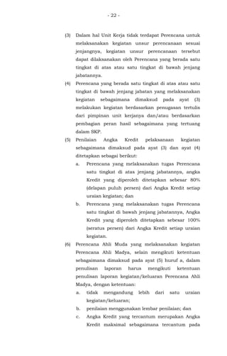 - 22 -
(3) Dalam hal Unit Kerja tidak terdapat Perencana untuk
melaksanakan kegiatan unsur perencanaan sesuai
jenjangnya, kegiatan unsur perencanaan tersebut
dapat dilaksanakan oleh Perencana yang berada satu
tingkat di atas atau satu tingkat di bawah jenjang
jabatannya.
(4) Perencana yang berada satu tingkat di atas atau satu
tingkat di bawah jenjang jabatan yang melaksanakan
kegiatan sebagaimana dimaksud pada ayat (3)
melakukan kegiatan berdasarkan penugasan tertulis
dari pimpinan unit kerjanya dan/atau berdasarkan
pembagian peran hasil sebagaimana yang tertuang
dalam SKP.
(5) Penilaian Angka Kredit pelaksanaan kegiatan
sebagaimana dimaksud pada ayat (3) dan ayat (4)
ditetapkan sebagai berikut:
a. Perencana yang melaksanakan tugas Perencana
satu tingkat di atas jenjang jabatannya, angka
Kredit yang diperoleh ditetapkan sebesar 80%
(delapan puluh persen) dari Angka Kredit setiap
uraian kegiatan; dan
b. Perencana yang melaksanakan tugas Perencana
satu tingkat di bawah jenjang jabatannya, Angka
Kredit yang diperoleh ditetapkan sebesar 100%
(seratus persen) dari Angka Kredit setiap uraian
kegiatan.
(6) Perencana Ahli Muda yang melaksanakan kegiatan
Perencana Ahli Madya, selain mengikuti ketentuan
sebagaimana dimaksud pada ayat (5) huruf a, dalam
penulisan laporan harus mengikuti ketentuan
penulisan laporan kegiatan/keluaran Perencana Ahli
Madya, dengan ketentuan:
a. tidak mengandung lebih dari satu uraian
kegiatan/keluaran;
b. penilaian menggunakan lembar penilaian; dan
c. Angka Kredit yang tercantum merupakan Angka
Kredit maksimal sebagaimana tercantum pada
 