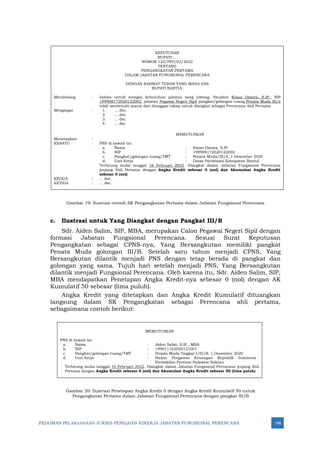 PEDOMAN PELAKSANAAN JUKNIS PENILAIAN KINERJA JABATAN FUNGSIONAL PERENCANA 148
KEPUTUSAN
BUPATI …
NOMOR 123/PFP/02/2022
TENTANG
PENGANGKATAN PERTAMA
DALAM JABATAN FUNGSIONAL PERENCANA
DENGAN RAHMAT TUHAN YANG MAHA ESA
BUPATI BANTUL
Menimbang : bahwa untuk mengisi kebutuhan jabatan yang lowong, Saudara Kinan Danira, S.IP., NIP
199908172020122002 jabatan Pegawai Negeri Sipil pangkat/golongan ruang Penata Muda III/a
telah memenuhi syarat dan dianggap cakap untuk diangkat sebagai Perencana Ahli Pertama
Mengingat : 1. … dst;
2. … dst;
3. … dst;
4. … dst.
MEMUTUSKAN
Menetapkan :
KESATU : PNS di bawah ini:
a. Nama : Kinan Danira, S.IP.
b. NIP : 199908172020122002
c. Pangkat/golongan ruang/TMT : Penata Muda/III/A, 1 Desember 2020
d. Unit Kerja : Dinas Pariwisata Kabupaten Bantul
Terhitung mulai tanggal 16 Februari 2022. Diangkat dalam Jabatan Fungsional Perencana
jenjang Ahli Pertama dengan Angka Kredit sebesar 0 (nol) dan Akumulasi Angka Kredit
sebesar 0 (nol)
KEDUA : ... dst;
KETIGA : … dst.
Gambar 19: Ilustrasi contoh SK Pengangkatan Pertama dalam Jabatan Fungsional Perencana
c. Ilustrasi untuk Yang Diangkat dengan Pangkat III/B
Sdr. Aiden Salim, SIP, MBA, merupakan Calon Pegawai Negeri Sipil dengan
formasi Jabatan Fungsional Perencana. Sesuai Surat Keputusan
Pengangkatan sebagai CPNS-nya, Yang Bersangkutan memiliki pangkat
Penata Muda golongan III/B. Setelah satu tahun menjadi CPNS, Yang
Bersangkutan dilantik menjadi PNS dengan tetap berada di pangkat dan
golongan yang sama. Tujuh hari setelah menjadi PNS, Yang Bersangkutan
dilantik menjadi Fungsional Perencana. Oleh karena itu, Sdr. Aiden Salim, SIP,
MBA mendapatkan Penetapan Angka Kredit-nya sebesar 0 (nol) dengan AK
Kumulatif 50 sebesar (lima puluh).
Angka Kredit yang ditetapkan dan Angka Kredit Kumulatif dituangkan
langsung dalam SK Pengangkatan sebagai Perencana ahli pertama,
sebagaimana contoh berikut:
MEMUTUSKAN
PNS di bawah ini:
a. Nama : Aiden Salim, S.IP., MBA
b. NIP : 199011162020121001
c. Pangkat/golongan ruang/TMT : Penata Muda Tingkat I/III/B, 1 Desember 2020
d. Unit Kerja : Badan Pengawas Keuangan Republik Indonesia
Perwakilan Provinsi Sulawesi Selatan
Terhitung mulai tanggal 16 Februari 2022. Diangkat dalam Jabatan Fungsional Perencana jenjang Ahli
Pertama dengan Angka Kredit sebesar 0 (nol) dan Akumulasi Angka Kredit sebesar 50 (lima puluh)
Gambar 20: Ilustrasi Penetapan Angka Kredit 0 dengan Angka Kredit Kumulatif 50 untuk
Pengangkatan Pertama dalam Jabatan Fungsional Perencana dengan pangkat III/B
 