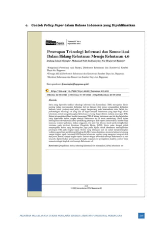 PEDOMAN PELAKSANAAN JUKNIS PENILAIAN KINERJA JABATAN FUNGSIONAL PERENCANA 219
c. Contoh Policy Paper dalam Bahasa Indonesia yang Dipublikasikan
 