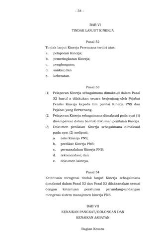 - 34 -
BAB VI
TINDAK LANJUT KINERJA
Pasal 52
Tindak lanjut Kinerja Perencana terdiri atas:
a. pelaporan Kinerja;
b. pemeringkatan Kinerja;
c. penghargaan;
d. sanksi; dan
e. keberatan.
Pasal 53
(1) Pelaporan Kinerja sebagaimana dimaksud dalam Pasal
52 huruf a dilakukan secara berjenjang oleh Pejabat
Penilai Kinerja kepada tim penilai Kinerja PNS dan
Pejabat yang Berwenang.
(2) Pelaporan Kinerja sebagaimana dimaksud pada ayat (1)
disampaikan dalam bentuk dokumen penilaian Kinerja.
(3) Dokumen penilaian Kinerja sebagaimana dimaksud
pada ayat (2) meliputi:
a. nilai Kinerja PNS;
b. predikat Kinerja PNS;
c. permasalahan Kinerja PNS;
d. rekomendasi; dan
e. dokumen lainnya.
Pasal 54
Ketentuan mengenai tindak lanjut Kinerja sebagaimana
dimaksud dalam Pasal 52 dan Pasal 53 dilaksanakan sesuai
dengan ketentuan peraturan perundang-undangan
mengenai sistem manajemen kinerja PNS.
BAB VII
KENAIKAN PANGKAT/GOLONGAN DAN
KENAIKAN JABATAN
Bagian Kesatu
 