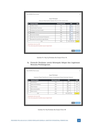 PEDOMAN PELAKSANAAN JUKNIS PENILAIAN KINERJA JABATAN FUNGSIONAL PERENCANA 269
Gambar 91: Pop Up Penilaian By Output Form 4A
b) Formulir Penilaian untuk Kelompok Adopsi dan Legitimasi
Rencana Pembangunan.
Gambar 92: Pop Penilaian By Output Form 4B
 