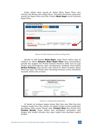 PEDOMAN PELAKSANAAN JUKNIS PENILAIAN KINERJA JABATAN FUNGSIONAL PERENCANA 290
Super Admin akan masuk ke dalam Menu Rapat Pleno, dan
menuju Tab Merah yaitu Rapat Pleno. Tentukan Perencana yang akan
masuk list Rapat Pleno dan Klik Tombol Mulai Rapat untuk memulai
Rapat Pleno.
Gambar 140: Menu Halaman List Perencana Rapat Pleno
Setelah itu klik Tombol Mulai Rapat, maka Super Admin akan di
arahkan ke dalam Halaman Mulai Rapat Pleno yang menampilkan
periode dan anggota Tim Penilai Instansi Pembina. Pada saat itu juga
Penilai yang bersangkutan akan mendapatkan notifikasi email bahwa
Berkas Penilaian yang mereka nilai masuk ke dalam Penilaian Rapat
Pleno dan para Tim Penilai akan diundang bersama untuk membahas
masalah selisih nilai tersebut.
Gambar 141: Halaman Mulai Rapat Pleno
Di bawah ini terdapat bagian kolom Nilai Satu dan Nilai Dua dan
terdapat tombol biru dan merah. Ini adalah tombol untuk melakukan
perubahan Nilai antara Penilai Satu (Tombol Biru) dan Penilai Dua
(Tombol Merah). Super Admin bisa melakukan perubahan nilai
dengan klik tombol tersebut dan akan tampil form penilaian seperti
berikut:
 