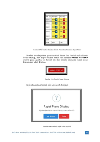 PEDOMAN PELAKSANAAN JUKNIS PENILAIAN KINERJA JABATAN FUNGSIONAL PERENCANA 291
Gambar 142: Tombol Biru dan Merah Perubahan Penilaian Rapat Pleno
Setelah mendapatkan putusan dari Ketua Tim Penilai maka Rapat
Pleno ditutup, dan Super Admin harus klik Tombol RAPAT DITUTUP
seperti pada gambar di bawah ini dan secara otomatis rapat pleno
dinyatakan telah ditutup.
Gambar 143: Tombol Rapat Ditutup
Kemudian akan tampil pop-up seperti berikut:
Gambar 144: Pop Up Rapat Pleno ditutup
 