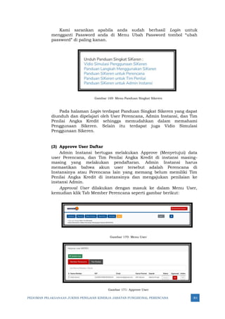 PEDOMAN PELAKSANAAN JUKNIS PENILAIAN KINERJA JABATAN FUNGSIONAL PERENCANA 301
Kami sarankan apabila anda sudah berhasil Login untuk
mengganti Password anda di Menu Ubah Password tombol “ubah
password” di paling kanan.
Gambar 169: Menu Panduan Singkat Sikeren
Pada halaman Login terdapat Panduan Singkat Sikeren yang dapat
diunduh dan dipelajari oleh User Perencana, Admin Instansi, dan Tim
Penilai Angka Kredit sehingga memudahkan dalam memahami
Penggunaan Sikeren. Selain itu terdapat juga Vidio Simulasi
Penggunaan Sikeren.
(3) Approve User Daftar
Admin Instansi bertugas melakukan Approve (Menyetujui) data
user Perencana, dan Tim Penilai Angka Kredit di instansi masing-
masing yang melakukan pendaftaran. Admin Instansi harus
memastikan bahwa akun user tersebut adalah Perencana di
Instansinya atau Perencana lain yang memang belum memiliki Tim
Penilai Angka Kredit di instansinya dan mengajukan penilaian ke
instansi Admin.
Approval User dilakukan dengan masuk ke dalam Menu User,
kemudian klik Tab Member Perencana seperti gambar berikut:
Gambar 170: Menu User
Gambar 171: Approve User
 