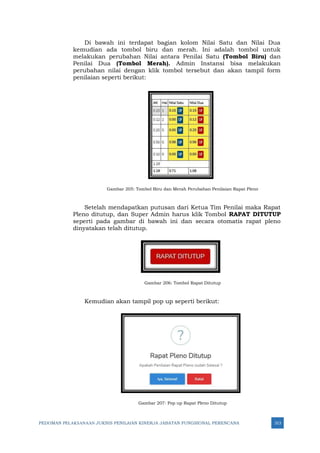 PEDOMAN PELAKSANAAN JUKNIS PENILAIAN KINERJA JABATAN FUNGSIONAL PERENCANA 313
Di bawah ini terdapat bagian kolom Nilai Satu dan Nilai Dua
kemudian ada tombol biru dan merah. Ini adalah tombol untuk
melakukan perubahan Nilai antara Penilai Satu (Tombol Biru) dan
Penilai Dua (Tombol Merah). Admin Instansi bisa melakukan
perubahan nilai dengan klik tombol tersebut dan akan tampil form
penilaian seperti berikut:
Gambar 205: Tombol Biru dan Merah Perubahan Penilaian Rapat Pleno
Setelah mendapatkan putusan dari Ketua Tim Penilai maka Rapat
Pleno ditutup, dan Super Admin harus klik Tombol RAPAT DITUTUP
seperti pada gambar di bawah ini dan secara otomatis rapat pleno
dinyatakan telah ditutup.
Gambar 206: Tombol Rapat Ditutup
Kemudian akan tampil pop up seperti berikut:
Gambar 207: Pop up Rapat Pleno Ditutup
 