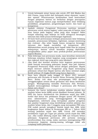 PEDOMAN PELAKSANAAN JUKNIS PENILAIAN KINERJA JABATAN FUNGSIONAL PERENCANA 326
A : Untuk kelompok minat hanya ada untuk JFP Ahli Madya dan
Ahli Utama, yang terdiri dari kelompok minat ekonomi, sosial,
dan spasial. Penentuannya berdasarkan hasil komunikasi
dengan pimpinan karena ini berkaitan dengan pencapaian
tujuan organisasi namun juga memperhatikan latar belakang
pendidikan, pengalaman, pengembangan karier, dan hasil uji
kompetensi
04. Q : Apakah Jabatan Fungsional Perencana nantinya menjadi
perencana untuk semua bagian/ seksi yang ada di kantor saya
atau hanya pada bagian/ seksi yang saya tangani? Seksi
tempat sekarang saya bekerja ini lebih mengurus keuangan
tahunan dan tidak punya kewenangan legitimasi.
A : Di butir-butir perencanaan terdapat penyusunan latar belakang
masalah, penyusunan kebijakan, legitimasi, sampai monitoring
dan evaluasi. Jika seksi bapak hanya mengurus keuangan
tahunan dan bapak mendaftar uji kompetensi JFP,
dikhawatirkan secara jenjang karir bapak tidak bisa ke jenjang
selanjutnya, karena untuk kenaikan jenjang diperlukan
menghasilkan policy paper atau produk-produk perencanaan
seperti Renstra.
05. Q : Pada beberapa tusi perencana muda, saya kesulitan memenuhi
beberapa misalnya terkait kegiatan yang scoopingnya sectoral
dan regional, kira2 apa yang perlu saya lakukan?
A : Jika hasil dari koneksi tersebut butir kegiatan perencanaan
tidak banyak menunjang pekerjaan bapak, bisa jadi Jabatan
Fungsional Perencana tidak sesuai dengan pekerjaan. Bapak
dapat mencari Jabatan Fungsional yang dapat menunjang
pekerjaan sehari-hari Bapak karena ada batas minimal angka
Kredit sebesar 25 Angka Kredit yang harus dipenuhi.
06. Q : Saya baru dilantik pada tanggal 22 Maret 2021 menjadi
perencana ahli Pertama di kantor Dinas Pertanian Kabupaten
Baru. Bulan Juli akan ada perampingan OPD dengan
menggabungkan antara dinas pertanian dan dinas ketahanan
pangan. Masingmasing memiliki Perencana Ahli Pertama.
Apakah memungkinkan terdapat 2 perencana ahli Pertama
dalam satu dinas?
A : Instansi ibu harus melakukan analisis jabatan (Anjab) dan
analisis beban kerja (ABK) untuk dijadikan formasi jabatan. Di
OPD ibu harus membentuk tim pelaksana anjab dan ABK,
terdiri dari ketua tim pelaksana dengan syarat JPT Pratama
atau administrator yang bertanggungjawab di bidang
kepegawaian, sekretaris yang merupakan pejabat pengawas
dan pejabat fungsional yang membidangi analisis jabatan dan
analisis beban kerja, dan 5 anggota yang merupakan PNS atau
P3K sudah pernah mengikuti bimtek anjab dan ABK, lebih
lengkapnya dapat dilihat di Permenpan RB no 1 Tahun 2020
tentang pedoman anjab dan ABK. Untuk JFP memakai
pendekatan tugas per tugas per jabatan untuk anjab dan ABK
nya. Jika sudah dihitung anjab dan ABK nya ternyata beban
pekerjaan fungsional perencana ahli pertama memang
membutuhkan dua orang, maka nantinya masingmasing PNS
mempunyai kegiatan masing-masing sehingga tidak ada
tumpang tindih pekerjaan.
 