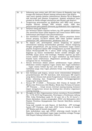 PEDOMAN PELAKSANAAN JUKNIS PENILAIAN KINERJA JABATAN FUNGSIONAL PERENCANA 331
26. Q : Sekarang saya selain jadi JFP Ahli Utama di Bappeda juga sbg
tenaga ahli (advisor) Bupati bidang infrastruktur pak Kapus
Jadi nanti apabila jabatan Administrasi (Eselon III) di Bappeda
sdh berubah jadi jabatan Fungsional. Apakah sebaiknya saya
pindah ke Setda sebagai advisornya pak Bupati pak Kapus?
A : Tergantung penempatan yg dilakukan oleh BKD atas arahan
Kepala Daerah sebagai PPK setelah anjab, ABK dan
penyusunan peta jabatan (formasi) yg dilakukan biro organisasi
27. Q : Selamat siang pak Kapus
ijin bertanya dalam regulasi terbaru ttg JFP apakah dibolehkan
ybs menerima honor pada kegiatan lain misal honor SIPD trims
sebelumnya pak Kapus atas pencerahannya
A : Ijin membantu menjawab, boleh pak.. karena penerima honor
sesuai perpres 33/2019 adalah ASN tidak melihat apakah
jabatannya JPT, administrator, pelaksana atau JF
28. Q : Pa kapus yth, penempatan atasan langsung dr pejabat
administrasi kadang menimbulkan gesekan. Atasan langsung
dengan pengetahuan ybs yg kurang memahami tugas utama
pejabat fungsional dalam SKP sebagaimana yg telah digariskan
dalam PermenpanRB No 4 tahun 2020 sering dianggap sbg
kegiatan yg hanya memikirkan karier sendiri (dengan nge-
DUPAK) tanpa peran thd lembaga. Padahal laporan yg kami
susun adalah terjemahan dr tugas tambahan yg dibebankan
kepada kami sebelumnya. Bagaimana pandangan pa kapus
mengenai hal ini. Terimakasih
A : Sesuai ketentuan dalam juknis: pelaksanaan tugas jabatan
dilakukan melalui kegiatan tugas utama dan tugas tambahan
... tugas utama terkait dg tusi unit kerja ... sedangkan tugas
tambahas (juga mrp tugas jabatan) tetapi mrp kegiatan lintas
unit kerja
29. Q : Izin bertanya pak kapus, sesuai surat rekomendasi kebijakan
penyederhanaan SO PD kab/kota oleh kemenpan RB seperti
yang diatas dimana kah posisi fungsional perencana madya pak
Kalau sekarang kan fungsional madya bertanggungjawab
langsung ke kepala badan
A : Sesuai PP 17/2020 ... Perencana Ahli Utama di bawah JPT
Madya dan Perencana Ahli Madya, Muda dan Pertama di bawah
JPT Pratama ... tetapi secara internal masing-masing Instansi
dapat mengaturnya sesuai dg strategi dan struktur organisasi
masing-masing ...
30. Q : Mungkin dr Biro Organisasinya belum membaca PermenPANRB
No. 13 Th 2019 ttg Pengusulan, Penetapan n Pembinaan Jafung
PNS. Coba Perhatikan pada Ps 32 ayat (2) n Ps 33 huruf c.
Disini dijelaskan usulan pengangkat JFAU utk Kabupaten oleh
Pejabat Pembina Kepegawaian Inst Daerah Kab/Kota melalui
Gubernur.
Yang jadi maslah ini pak Kapus. di Kab/Kota JPT tertinggi
hanya JPT Pratama. Jadi kalo JFAU harus berada di bawah
JPT Madya jadi di bawah siapa pak?
Kalo kedudukan saya sgb JFPAU sekerang masih berada di
Bappeda, tetapi mendapat tugas tugas tambhan sebagai Tenaga
Ahli Bupati bidang Infrastruktur Daerah.
 