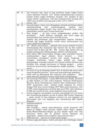 PEDOMAN PELAKSANAAN JUKNIS PENILAIAN KINERJA JABATAN FUNGSIONAL PERENCANA 346
64. Q : Izin bertanya lagi. Saya di skp membuat target angka kredit
suatu dokumen sebesar 1,67. Dalam pelaksanaannya ternyata
jumlah butir2 angka kreditnya menjadi 1,82. Apakah di skp
cukup ditulis capaiannya 1,82 dan kualitas/mutu kurang dari
100% atau kualitas mutunya jadi (1,82/1,67) x 100%?
A : ditulis 1,82
65. Q : Izin pak kapus, kalau saya ditugaskan menjadi pembahas dalam
rakortekrenbang dan musrenbangnas, apakah bisa
mendapatkan angka kredit? Dan bukti pekerjaan yang harus
dilampirkan seperti apa? Terima kasih pak
A : Bisa banget ... ak dari unsur pengembangan profesi sbg
pembahas ... bukti fisiknya undangan dan surat tugas yg
menyebutkan dan tertulis nama Arif Abe di situ
Apabila sbg pembahas juga menghasilkan laporan telaahan
tambah lagi angka kreditnya untuk unsur perencanaan sub
unsyr adopsi dan legitimasi
66. Q : Asl. Mohon pencerahan,,,, dpatkah kita secara pribadi di minta
mendampingi dlm kerjasama dgn daerah lain tp bkn melalui
instansi dan di klim sbg AK... Mis, kerjsm dgn daerah lain yg
jangka panjang dlm bidang pangan, diminta mendampingi.
A : Kalo dalam SKP dicantumkan sebagai tugas tambahan karena
melaksanakan tugas jabatan lintas instansi ... tetap
memerlukan penugasan tertulis dari atasan langsung ...
mungkin disebutnya bukan tugas pribadi pa, tetapi
pedampingan terhadap instansi lain karena melihat jabatan dan
keahlian kita sebagai perencana di bidang pangan ... untuk
membuat perencanaan pembangunan jangka panjang ... bagus
ini pa ...
67. Q : Jk surat dr yg di dampingi boleh? Krn di daerah tdk smua tahu
tugas fungsional perencn, tkutx mis komuniksi dgn pimpinan
A : Surat dari yg didampingi dan disetujui oleh pimpinan ... Kalo
tidak disetujui pimpinan artinya tidak boleh mendampingi ...
68. Q : Izin bertanya Pak Kapus.. untuk SKP Perencana Muda, dicontoh
yg Bpk berikan itu ada Judul kegiatan "Evaluasi Pelaksanaan
Rencana Kerja Pembangunan Daerah Kota Tasikmalaya Tahun
2020. pertanyaan saya.. apakah nama kegiatan itu sesuai
dengan DPA atau sesuai dengan SPT? Mhn pencerahannya.. krn
di SPT Judul kegiatannya berbeda dgn yg di DPA. jadi sebaiknya
di SKP spt contoh di atas, nama kegiatan mana yg dirujuk
A : Intinya kegiatan merupakan turunan (cascading) tusi unit kerja
dan mendukung kegiatan yg ada di dalam SKP atasan langsung
... pada contoh di atas kegiatan evaluasi itu mrp kegiatan yg
diturunkan dari tusi Bappeda dan mendukung SKP Kepala
Bappeda
69. Q : Assalamualaikum
Selamat pagi
Pak Guspika.... mohon pencerahannya, untuk prasyarat JFP
Muda ke Madya salah satunya adalah Policy Paper, apakah
Buku/Modul/Pedoman/Kajian yg kita adalah salah satu Tim
Penyusun disitu dan di publish secara Nssional utk
digunakan...apakah bisa di jadikan sbg prasyarat tsbt.?
A : Tidak bisa pa ... karena itu bukan policy paper ...
70. Q : Selamat pagi pak kapus, mohon petunjuk dan bimbingan dalam
 