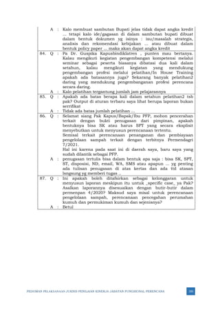 PEDOMAN PELAKSANAAN JUKNIS PENILAIAN KINERJA JABATAN FUNGSIONAL PERENCANA 350
A : Kalo membuat sambutan Bupati jelas tidak dapat angka kredit
... tetapi kalo ide/gagasan di dalam sambutan bupati dibuat
dalam bentuk dokumen yg isinya : isu/masalah strategis,
analisis dan rekomendasi kebijakan ... atau dibuat dalam
bentuk policy paper ... maka akan dapat angka kredit
84. Q : Pa Dr. Guspika Kapusbindiklatren , punten mau bertanya.
Kalau mengikuti kegiatan pengembangan kompetensi melalui
seminar sebagai peserta biasanya dibatasi dua kali dalam
setahun, kalau mengikuti kegiatan yang mendukung
pengembangan profesi melalui pelatihan/In House Training
apakah ada batasannya juga? Sekarang banyak pelatihan2
daring yang mendukung pengembanganan profesi perencana
secara daring.
A : Kalo pelatihan tergantung jumlah jam pelajarannya
85. Q : Apakah ada batas berapa kali dalam setahun pelatihan2 tsb
pak? Output di aturan terbaru saya lihat berupa laporan bukan
serrifikat
A : Tidak ada batas jumlah pelatihan ...
86. Q : Selamat siang Pak Kapus/Bapak/Ibu PFP, mohon pencerahan
terkait dengan bukti penugasan dari pimpinan, apakah
bentuknya bisa SK atau harus SPT yang secara eksplisit
menyebutkan untuk menyusun perencanaan tertentu.
Semisal terkait perencanaan penanganan dan pembiayaan
pengelolaan sampah terkait dengan terbitnya Permendagri
7/2021.
Hal ini karena pada saat ini di daerah saya, baru saya yang
sudah dilantik sebagai PFP.
A : penugasan tertulis bisa dalam bentuk apa saja : bisa SK, SPT,
ST, disposisi, ND, email, WA, SMS atau apapun ... yg penting
ada tulisan penugasan di atas kertas dan ada ttd atasan
lsngsung yg memberi tugas ..
87. Q : Ini apakah boleh ditafsirkan sebagai kelonggaran untuk
menyusun laporan meskipun itu untuk _specific case_ ya Pak?
Asalkan laporannya disesuaikan dengan butir-butir dalam
permenpan 4/2020? Maksud saya misal untuk perencanaan
pengelolaan sampah, perencanaan pencegahan perumahan
kumuh dan permukiman kumuh dan sejenisnya?
A : Betul
 