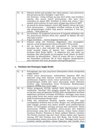 PEDOMAN PELAKSANAAN JUKNIS PENILAIAN KINERJA JABATAN FUNGSIONAL PERENCANA 352
91. Q : Selamat malam pak guspika dan rekan lainnya. saya perencana
ahli pertama yg baru diangkat 1 april 2021.
izin bertanya : setiap webinar yg saya ikuti selalu saya buatkan
laporan dan sesuai butir2 perencanaan. jika saya mau
masukkan ke dalam SKP, bolehkah di kolom keg utama ? dan
apakah judul webinar bs saya input sebagai keg utama di SKP?
A : yg masuk ke dalam kegiatan utama SKP apabila relevan dg butir
butir perencanaan ... sedangkan sertifikat webinar di luar SKP
sbg pengembangan profesi (sbg peserta maksimal 2 kali per
tahun) ... lihat juknis ya
92. Q : Ijin bertanya. Kl fungsional perencana di bappeda dilibatkan sbg
tim penyusunan Renstra dinas lain, apakah bs diklaim AK nya
sbg tugas utama?
A : Tugas tambahan ... karena kegiatan lintas opd
93. Q : Selamat siang. Ijin bertanya. Bagaimana cara menyajikan
laporan untuk pengumpulan data2 sekunder? Trima kasih
A : Ijin pa kapus..bu agnes...klo pengalaman di tempat kami
penyajian lap u data sekunder tdk merupakan lap tersendiri
tetapi menjadi bagian dr laporan lain.. misalnya Laporan
Evaluasi Hasil Renja SKPD... di dalamnya kan ada data2 yg
disajikan dlm tabel/grafik yg merupakan hasil olahan dr data2
sekunder yg dikumpulkan... Nanti di uraian AK nya u laporan
tsb dimasukan perkiraan AK dr butir kegiatan pengumpulan
data sekunder dan butir penyajian tabel/grafik/gambar.
c. Penilaian dan Penetapan Angka Kredit
01. Q : Kelengkapan apa saja yang harus dilampirkan dalam melaporkan
angka kredit?
A : Untuk unsur perencanaan, melampirkan lampiran SKP dan
dokumen yang telah disusun secara sistematis yang memuat
pelaksanaan kegiatan untuk unsur perencanaan. Untuk unsur
pengembangan profesi dan unsur penunjang, selain dokumen
tersebut juga melampirkan Surat Pernyataan Melaksanakan
Kegiatan (SPMK) atau surat tugas.
02. Q : Dalam pengajuan DUPAK, apakah tidak diperkenankan untuk
melakukan “banding” oleh pengaju kepada Tim Penilai, karena
sering kali yang mengajukan DUPAK tidak mendapatkan feedback
bagaimana penilaian terhadap DUPAKnya. Sehingga yang mana
yang sudah benar dan masih salah (tidak sesuai kriteria penilai)
tidak terinformasikan dengan baik.
A : Tidak ada mekanisme banding. Apabila seorang JFP ingin
mendapatkan feedback bisa di awal, dengan cara mengumpulkan
pada minggu pertama atau kedua setelah surat pemberitahuan
keluar. Itu merupakan saringan pertama dari sekretariat. Dalam
penyusunan DUPAK, sampaikan proses-proses dari kegiatan
perencanaan yang ada di dalam laporan, bukan hanya output
misalnya Renstra. Nantinya di dalam aplikasi Sikeren, misalnya
Tim Penilai mencoret tiga dari tujuh elemen dalam satu laporan
seorang JFP Ahli Pertama atau Ahli Muda, Tim Penilai harus
menyampaikan alasan pencoretan di sana. Sehingga nanti secara
otomatis setelah penilaian selesai dilakukan dan bersifat final,
 