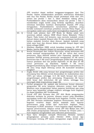 PEDOMAN PELAKSANAAN JUKNIS PENILAIAN KINERJA JABATAN FUNGSIONAL PERENCANA 353
JFP tersebut dapat melihat tanggapan-tanggapan dari Tim
Penilai. Dalam melaksanakan penilaian sebenarnya dilakukan
oleh dua Tim Penilai. Ketika terjadi perbedaan lebih dari 10%
antara tim penilai 1 dan 2, akan diadakan sidang pleno,
Pusbindiklatren akan menanyakan alasan tim penilai 1 dan 2
memberikan angka kredit yang berbeda signifikan, dicarikan
solusinya kemudian hasilnya disampaikan kepada JFP yang
mengajukan. Pusbindiklatren menawarkan pelatihan yang
bersifat substantif contohnya pelatihan menulis Policy Paper, ini
merupakan salah satu usaha kami meningkatkan kapasitas JFP.
03. Q : Untuk naik jabatan dari JFP Muda ke Madya salah satu
syaratnya adalah adanya HKM (Hasil Karya Makalah/ Policy
Paper). Pada bulan Juli kemarin, saya menulis makalah untuk
dimuat dalam majalah Simpul edisi 40 dan mendapat konfirmasi
bahwa makalah tersebut akan dimuat. Apakah makalah yang
telah saya buat dan dimuat dalam majalah Simpul dapat saya
klaim sebagai HKM?
A : Silahkan dijadikan HKM untuk kenaikan jenjang ke JFP Ahli
Madya, karena Majalah Simpul ini merupakan majalah nasional.
04. Q : Sesuai Permenpan dan Juknis Perencana, setiap perencana ahli
muda minimal mengumpulkan 25 AK per tahun dari unsur
perencana. Saya dilantik melalui jalur inpassing. Apabila saat
penilaian DUPAK seorang perencana mengajukan 25 AK unsur
perencana dan 5 AK unsur pengembangan profesi dan penunjang,
namun penilaian dari tim penilai diperoleh 18 AK (dari 25 AK
unsur perencana yg diajukan). Apakah 5 AK unsur
bangprof/pendukung akan hangus karena tidak terpenuhinya 25
AK atau tetap dapat dihitung untuk AK kumulatif kenaikan
pangkat?
A : Angka Kredit (AK) yang berasal dari pengembangan profesi dan
penunjang bisa diklaim untuk dimasukkan ke maksimalnya atau
150% per tahun, sehingga 12.5 AK boleh berasal dari unsur
pengembangan profesi dan penunjang. Pengusulan AK harus
lebih besar dari kebutuhan AK per tahun, sehingga bisa
mencegah tidak terpenuhinya target AK.
05. Q : Perihal pengajuan AK, apakah ada ketentuan format dokumen
pengusulan AK serta lampiran dokumen output hasil kerja?
Misalnya saya mengerjakan bahan paparan koordinasi apa yang
harus saya lampirkan sebagai evidence sehingga butir kegiatan
itu dapat dijadikan AK? Terimakasih
A : Untuk JFP Ahli Pertama dan JFP Ahli Muda pengumpulan
dokumen berbasis by process, dimana output yang dihasilkan
merupakan terdiri dari beberapa butir kegiatan. Contoh: seorang
JFP Ahli Pertama melakukan kegiatan Perencanaan, hasil dari
kegiatan tersebut dapat dibuat makalah atau laporan
perencanaan yang terdiri dari butir-butir kegiatan Pada
Permenpan 4/2020. (misalnya 7 butir kegiatan dapat dijadikan 1
laporan perencanaan). Adapun untuk JFP Ahli Madya dan JFP
Ahli Utama pengumpulan dokumen berbasis by Output yaitu 1
butir kegiatan menghasilkan satu dokumen perencanaan.
06. Q : Saya baru diangkat menjadi Perencana Pertama melalui
pengangkatan pertama pada Oktober 2020, sesuai dgn
Permenpan tentang JFP dalam mengajukan angka kredit perlu
 