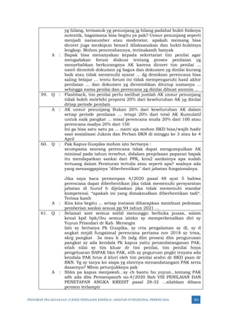 PEDOMAN PELAKSANAAN JUKNIS PENILAIAN KINERJA JABATAN FUNGSIONAL PERENCANA 364
yg hilang, termasuk yg penunjang jg hilang padahal bukti fisiknya
autentik, bagaimana bisa begitu ya pak? Unsur penunjang seperti
menjadi narasumber atau moderator, apakah memang bisa
dicoret juga meskipun benar2 dilaksanakan dan bukti-buktinya
lengkap. Mohon pencerahannya, terimakasih banyak
A : Bapak bisa menanyakan kepada sekretariat tim penilai agar
mengadakan forum diskusi tentang proses penilaian yg
menyebabkan berkurangnya AK karena dicoret tim penilai ...
nanti dicontoh dokumen yg bagus dan dokumen yg dinilai kurang
baik atau tidak memenuhi syarat ... dg demikian perencana bisa
saling belajar ... tentu forum ini tidak mempengaruhi hasil akhir
penilaian ... dan dokumen yg dicontohkan ditutup namanya ...
sehingga nama penilai dan perencana yg dinilai dibuat anonim ...
59. Q : Flashback, tim penilai perlu melihat jumlah AK unsur penunjang
tidak boleh melebihi proporsi 20% dari keseluruhan AK yg dinilai
ditiap periode penilain
A : AK unsur penunjang Bukan 20% dari keseluruhan AK dalam
setiap periode penilaian ... tetapi 20% dari total AK Kumulatif
untuk naik pangkat ... misal perencana muda 20% dari 100 atau
perencana madya 20% dari 150
Ini ga bisa satu satu pa ... nanti aja mohon BKD bisa/wajib hadir
saat sosialisasi Juknis dan Perban BKN di minggu ke 3 atau ke 4
April
60. Q : Pak Kapus Guspika mohon izin bertanya :
seumpama seorang perencana tidak dapat mengumpulkan AK
minimal pada tahun tersebut, didalam penjelasan paparan bapak
itu mendapatkan sanksi dari PPK, kira2 sanksinya apa sudah
tertuang dalam Peraturan tertulis atau seperti apa? soalnya ada
yang menanggapinya "diberhentikan" dari jabatan fungsionalnya.
Jika saya baca permenpan 4/2020 pasal 48 ayat 5 bahwa
perencana dapat diberhentikan jika tidak memenuhi persyaratan
jabatan di huruf b dijelaskan jika tidak memenuhi standar
kompetensi. *apakah ini yang dimaksudkan diberhentikan tadi*.
Terima kasih
A : Kira kira begitu ... setiap instansi diharapkan membuat pedoman
pemberian sanksi sesuai pp 94 tahun 2021 ...
61. Q : Selamat sore semua smbil menunggu berbuka puasa, salam
kenal kpd bpk/ibu semua izinkn sy memperkenalkan diri sy
Yuyun Priandari dr Kab. Merangin
Izin sy bertanya Pk Guspika, sy crta pengalaman sy dl, sy d
angkat mnjdi fungsional perencana pertama nov 2018 sy trma,
skrg pangkat 3a mau k 3b (sdg dlm proses) dlm pengurusan
pangkat sy ada kendala Pk kapus yaitu penandatanganan PAK,
stlah nilai sy tim kluar dr tim penilai, tim penilai hnya
pengeluaran BAPAK bkn PAK, stlh sy pngurusn pngkt trnyata ada
kendala PAK hrus d kluri oleh tim penilai arahn dr BKD psan dr
BKN. Yg sy tanya kn siapa yg sbnrnya menandatangani PAK serta
dasarnya? Mhon petunjukknya pak
A : Sblm pa kapus menjawab...sy cb bantu bu yuyun...tentang PAK
sdh ada dlm Permenpanrb no.4/2020 Bab VIII PENILAIAN DAN
PENETAPAN ANGKA KREDIT pasal 28-32 ...silahkan dibaca
permen terlampir
 