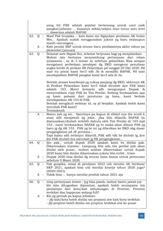 PEDOMAN PELAKSANAAN JUKNIS PENILAIAN KINERJA JABATAN FUNGSIONAL PERENCANA 365
yang ttd PAK adalah pejabat berwenang untuk usul naik
pangkat/jabatan ... biasanya sekda/sekjen atau turun satu level
... dasarnya adalah BAPAK
62. Q : Maaf Pak Guspika .. kalo kami mo Ngajukan penilaian AK bulan
Mei... Apakah sudah menggunakan juknis yg baru (walaupun
masih rancangan)...
A : Kalo penilai SKP untuk aturan baru penilaiannya akhir tahun pa
(desember/januari)
63. Q : Selamat sore Bapak Ibu, selamat berpuasa bagi yg menjalankan.
Mohon izin bertanya menyambung pertanyaan dari rekan
@rizasovia , sy & 3 teman sy sebelum pelantikan Riza sempat
mengalami perbedaan pendapat dg BKD mengenai penulisan
angka kredit di petikan SK Pelantikan pd tanggal 20 Okt 2020. Pd
saat itu posisi kami ber3 sdh 3b & memiliki BAPAK. Pd saat
mendapatkan BAPAK pangkat kami ber3 ada di 3a.
Setelah proses koordinasi yg cukup panjang dg BKD, akhirnya AK
di Petikan Pelantikan kami ber3 tidak dirubah dan PAK kami
adalah 103. Maret kemarin sdh mengumpul Dupak &
menyerahkan copy PAK ke Tim Penilai. Sedang berdasarkan apa
yg kami pahami dari peraturan yg lama, kami berhak
mendapatkan AK 153 di PAK.
Setelah mengikuti webinar td, sy jd berpikir. Apakah boleh kami
merubah PAK kami?
Terimakasih
A : Bantu jwb yg ini... Spertinya pa kapus di sblm2 nya (bs scroll k
atas) sdh menjawab dg jelas.. jika blm dilantik BAPAK bs
disesuaikan/diubah terlebih dahulu oleh Tim Penilai dr 103 mjd
153.. nanti berdasarkan BAPAK yg br maka akan dibuat PAK yg
baru jg dg AK 153.. PAK yg br ini yg diberikan ke BKD sbg dasar
pengangkatan pd JF pertama...
Tapi kalau sdh terlanjur dilantik..PAK sdh tdk bs diubah lg..krn
klo PAK diubah hrs merubah jg SK pengangkatan...
64. Q : Ijin pak.. untuk dupak 2020 apakah kami bs dinilai pak.
Dikarenakan transisi.. Lampung blm ada tim penilai jadi akan
dinilai oleh pusat.. mohon arahan dikarenakan untuk dupak
2020 kami blm dinilai dikarenakan juknis blm terbit.. trims
A : Dupak 2020 bisa dinilai dg aturan lama hanya untuk perencana
sebelum 9 Maret 2020
65. Q : Pak guspika, misal di penilaian 2022 utk menilai AK berdasar
SKP 2021, apakah bisa utk menilai kinerja tahun 2020 juga?
(2020+2021)
A : Tidak bisa ... hanya menilai produk tahun 2021 aja
66. Q : nitip pertanyaan temen : (yg bisa jawab, mohon bantu jawab ya)
klo kita ditugaskan diprovinsi, apakah boleh seumpama tim
penilainya dari kota/kab sehubungan di Provinsi, Provinsi
terdekat dan bappenas sedang full?
A : Klo yg pernah pa kapus jelaskan:
- jfp kab/kota boleh dinilai sm propinsi atw kab/kota terdekat
- jfp propinsi boleh dinilai sm propinsi terdekat atw ke pusat
 