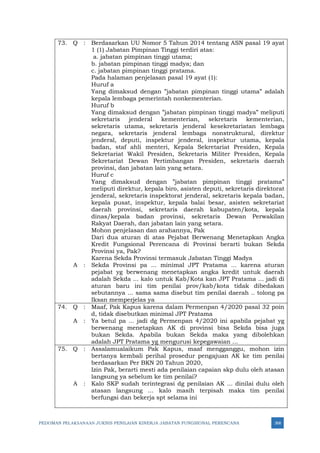 PEDOMAN PELAKSANAAN JUKNIS PENILAIAN KINERJA JABATAN FUNGSIONAL PERENCANA 368
73. Q : Berdasarkan UU Nomor 5 Tahun 2014 tentang ASN pasal 19 ayat
1 (1) Jabatan Pimpinan Tinggi terdiri atas:
a. jabatan pimpinan tinggi utama;
b. jabatan pimpinan tinggi madya; dan
c. jabatan pimpinan tinggi pratama.
Pada halaman penjelasan pasal 19 ayat (1):
Huruf a
Yang dimaksud dengan ”jabatan pimpinan tinggi utama” adalah
kepala lembaga pemerintah nonkementerian.
Huruf b
Yang dimaksud dengan ”jabatan pimpinan tinggi madya” meliputi
sekretaris jenderal kementerian, sekretaris kementerian,
sekretaris utama, sekretaris jenderal kesekretariatan lembaga
negara, sekretaris jenderal lembaga nonstruktural, direktur
jenderal, deputi, inspektur jenderal, inspektur utama, kepala
badan, staf ahli menteri, Kepala Sekretariat Presiden, Kepala
Sekretariat Wakil Presiden, Sekretaris Militer Presiden, Kepala
Sekretariat Dewan Pertimbangan Presiden, sekretaris daerah
provinsi, dan jabatan lain yang setara.
Huruf c
Yang dimaksud dengan ”jabatan pimpinan tinggi pratama”
meliputi direktur, kepala biro, asisten deputi, sekretaris direktorat
jenderal, sekretaris inspektorat jenderal, sekretaris kepala badan,
kepala pusat, inspektur, kepala balai besar, asisten sekretariat
daerah provinsi, sekretaris daerah kabupaten/kota, kepala
dinas/kepala badan provinsi, sekretaris Dewan Perwakilan
Rakyat Daerah, dan jabatan lain yang setara.
Mohon penjelasan dan arahannya, Pak
Dari dua aturan di atas Pejabat Berwenang Menetapkan Angka
Kredit Fungsional Perencana di Provinsi berarti bukan Sekda
Provinsi ya, Pak?
Karena Sekda Provinsi termasuk Jabatan Tinggi Madya
A : Sekda Provinsi pa ... minimal JPT Pratama ... karena aturan
pejabat yg berwenang menetapkan angka kredit untuk daerah
adalah Sekda ... kalo untuk Kab/Kota kan JPT Pratama ... jadi di
aturan baru ini tim penilai prov/kab/kota tidak dibedakan
sebutannya ... sama sama disebut tim penilai daerah .. tolong pa
Iksan memperjelas ya
74. Q : Maaf, Pak Kapus karena dalam Permenpan 4/2020 pasal 32 poin
d, tidak disebutkan minimal JPT Pratama
A : Ya betul pa ... jadi dg Permenpan 4/2020 ini apabila pejabat yg
berwenang menetapkan AK di provinsi bisa Sekda bisa juga
bukan Sekda. Apabila bukan Sekda maka yang dibolehkan
adalah JPT Pratama yg mengurusi kepegawaian ...
75. Q : Assalamualaikum Pak Kapus, maaf mengganggu, mohon izin
bertanya kembali perihal prosedur pengajuan AK ke tim penilai
berdasarkan Per BKN 20 Tahun 2020,
Izin Pak, berarti mesti ada penilaian capaian skp dulu oleh atasan
langsung ya sebelum ke tim penilai?
A : Kalo SKP sudah terintegrasi dg penilaian AK ... dinilai dulu oleh
atasan langsung ... kalo masih terpisah maka tim penilai
berfungsi dan bekerja spt selama ini
 