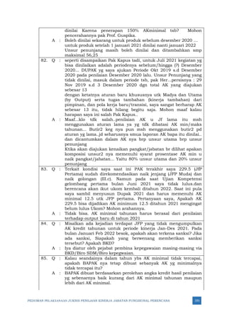 PEDOMAN PELAKSANAAN JUKNIS PENILAIAN KINERJA JABATAN FUNGSIONAL PERENCANA 370
dinilai Karena penerapan 150% AKminimal tsb? Mohon
pencerahannya pak Prof. Guspika.
A : Boleh dinilai sekarang untuk produk sebelum desember 2020 …
untuk produk setelah 1 januari 2021 dinilai nanti januari 2022
Unsur penunjang masih boleh dinilai dan ditambahkan smp
maksimal 56,25
82. Q : seperti disampaikan Pak Kapus tadi, untuk Juli 2021 kegiatan yg
bisa dinilaikan adalah periodenya sebelum/hingga (?) Desember
2020... DUPAK yg saya ajukan Periode Okt 2019 s.d Desember
2020 pada penilaian Desember 2020 lalu. Unsur Penunjang yang
tidak dinilai, masuk dalam periode tsb, pak Her...persisnya : 29
Nov 2019 s.d 3 Desember 2020 dgn total AK yang diajukan
sebesar 13
dengan ketatnya aturan baru khususnya utk Madya dan Utama
(by Output) serta tugas tambahan (kinerja tambahan) dari
pimpinan, dan pola kerja baru/transisi, saya sangat berharap AK
sebesar 13 itu, tidak hilang begitu saja. Mohon maaf kalau
harapan saya ini salah Pak Kapus..
A : Maaf...klo tdk salah..penilaian AK u Jf lama itu msh
menggunakan aturan lama ya yg tdk dibatasi AK min/maks
tahunan... Butir2 keg nya pun msh menggunakan butir2 pd
aturan yg lama..jd seharusnya smua laporan AK bapa itu dinilai..
dan dicantumkan dalam AK nya brp unsur utama brp unsur
penunjang
Ktika akan diajukan kenaikan pangkat/jabatan br dilihat apakan
komposisi unsur2 nya memenuhi syarat prosentase AK min u
naik pangkat/jabatan... Yaitu 80% unsur utama dan 20% unsur
penunjang
83. Q : Terkait kondisi saya saat ini PAK terakhir saya 229.5 (JfP
Pertama) sudah direkomendasikan naik jenjang (JFP Muda) dan
naik golongan (III.c). Namun pada saat Ujian Kompetensi
gelombang pertama bulan Juni 2021 saya tidak lulus.dan
berencana akan ikut ukom kembali ditahun 2022. Saat ini pula
saya sambil menyusun Dupak 2021 dan harus memenuhi AK
minimal 12.5 utk JFP pertama. Pertanyaan saya, Apakah AK
229.5 bisa dijadikan AK minimum 12.5 ditahun 2021 mengingat
belum lulus Ukom? Mohon arahannya.
A : Tidak bisa. AK minimal tahunan harus berasal dari penilaian
terhadap output baru di tahun 2021
84. Q : Misalkan ada kejadian terdapat JFP yang tidak mengumpulkan
AK kredit tahunan untuk periode kinerja Jan-Des 2021. Pada
bulan Januari Feb 2022 besok, apakah akan terkena sanksi? Jika
ada sanksi, Siapakah yang berwenang memberikan sanksi
tersebut? Apakah BKD?
A : Iya diatur oleh pejabat pembina kepegawaian masing-masing via
BKD/Biro SDM/Biro kepegwaian.
85. Q : Kalau seandainya dalam tahun ybs AK minimal tidak tercapai,
apakah BAPAK nya tetap dibuat sebanyak AK yg minimalnya
tidak tercapai itu?
A : BAPAK dibuat berdasarkan perolehan angka kredit hasil penilaian
yg sebenarnya baik kurang dari AK minimal tahunan maupun
lebih dari AK minimal.
 