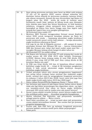 PEDOMAN PELAKSANAAN JUKNIS PENILAIAN KINERJA JABATAN FUNGSIONAL PERENCANA 378
24. Q : Saya jafung perencana pertama jawa barat yg diklat naik jenjang
22 juli s.d 26 agustus 2020, namun sampai sekarang bln
desember belum dilantik ke perencana mudanya, katanya sebab
ada edaran menpanrb, formasi jfp mau dirumuskan lagi (kalau di
kepgub jabar thn 2020 kuota jfp muda di instansi saya
formasinya masih bisa). jadinya sk jafung muda saya disimpan
dulu disetda jawa barat dan belum dinomoran, di hold katanya
istilahnya, nungguin rekom menpanrb dulu katanya. punten
barangkali pa kapus bisa bantu hingga saya bisa segera naik
jenjang dan segera bisa urus pangkat golongannya.
AK Kumulatif saya sudah 257.
A : Mestinya BKD Provinsi menggunakan formasi sesuai KepGub
tahun 2020 untuk mengurus kenaikan jabatan pa Nana ke
perencana ahli muda ... sepanjang akumulasi angka kreditnya
sudah memenuhi syarat untuk naik jabatan ... berapa akumulasi
angka kreditnya sekarang pa Nana?
Cek juga ke pa Ade di Bappeda provinsi ... sdh sampai di mana
penetapan formasi dari Menpan RB nya ... karena rekomendasi
ABK dan formasi prov Jabar dari kami sudah sejak awal Nov ...
mungkin Menpan sedang sibuk banget di akhir tahun ini
AK Kumulatif 257 itu sudah cukup.
25. Q : Pak Kapus izin bertanya, misal ada FP naik jenjang dari muda ke
madya punya AK 420 (PAK 2019 sblm berlaku Permenpan
4/2020). Karena lintas jenjang maka di total PAK ditulis 400,
ditulis 0 atau tetap 420 di PAK nya? Atau cukup ditulis di SK
kenaikan Madya nya saja?
A : Di PAK nya tetap ditulis 420 dan di bawahnya dibuat catatan
kelebihan angka kredit 20 ... tetapi di SK kenaikan pangkatnya
ditulis 0 baik untuk akumulasi angka kreditnya maupun
kelebihan angka kreditnya .
26. Q : Terkait petunjuk teknis atau aturan pengajuannya bagaimana?
kan setiap tahun terdapat batas minimal dan maksimal angka
kredit. semisal dari cpns ke pengangkatan fungsional perencana
itu jedanya 2 tahun (2019 dan 2020). brarti nanti kita juga bisa
dapat angka kredit pada tahun 2019 dan 2020 juga?
A : Diatur dalam PermenPPN/Ka Bappenas Nomor 1 Tahun 2022
27. Q : Izin bertanya pak kapus,td pak kapus bicara bahwa tahun depan
tidak ada lagi diklat penjenjangan dan digantikan ukom...yg ingin
sya tanyakan,untuk bisa ukom ini harus angka kreditnya
mencapai 400 untuk naik ke madya atau ada syarat lainnya?
A : Syarat utama adalah tersedia formasi, syarat lainnya angka kredit
dan publikasi policy paper ... diusulkan pengelola kepegawaian
28. Q : Mohon informasi Pak Kapusbin, apa persyaratan mendaftar
sebagai peserta ujikom .... Matur nuwun
A : Nanti kami umumkan pa ... tetapi yg pasti akan jadi persyaratan
utama adalah ketersediaan formasi dan usulan dari jpt pratama
pengelola kepegawaian
29. Q : Punten pak, kalo PNS baru yg melamar fungsional perencana
pertama apakah nantinya masih perlu diklat perjenjangan?
A : Tidak perlu
 