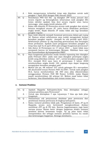 PEDOMAN PELAKSANAAN JUKNIS PENILAIAN KINERJA JABATAN FUNGSIONAL PERENCANA 389
A : Kalo mengurusnya terlambat tetap saja diajukan untuk naik
pangkat 1 April 2022 dengan PAK Januari 2022.
89. Q : Seandainya PNS Gol IIIa yg diangkat JPF bulan januari dan
secara reguler yg bersangkutan seharusnya naik pangkat IIIb
bulan oktober apakah bisa ikut secara reguler atau harus
menunggu nilai angka kredit jabatan JFP.
A : Kalau sdh dilantik JF Perencana aturan naik pangkat dan aturan
lainnya mengikuti aturan JF, yaitu harus dilakukan penilaian
angka kredit, Sejak dilantik JF maka tidak ada lagi kenaikan
pangkat regular.
90. Q : Saya telah dilantik menjadi funsional perencana dalam gol ruang
3d. Namun sehari sebelumnya saya sudah mengajukan berkas
kenaikan pangkat reguler menjadi 4a utk periode april 2022.
Sebelumnya jabatan sy sbg kasubag perencanaan dan keuangan
dinas perikanan. Apakah nanti pengajuan kenaikan pangkat sy
tetap bisa mjd 4a di april 2022 pak sebagai fungsional perencana?
A : Ada diatur di Permenpan no 17 tahun 2021 … kami tidak mau
menjawab karena ini kewenangan Menpan. Silahkan baca saja
dan konsultasikan dg kepegawaian/BKD.
91. Q : Saya fungsional perencana muda melalui inpassing dan diangkat
pada Februari 2021. pada saat saya diangkat penetapan angka
kredit yang diberikan sebesar 237 , untuk kenaikan pangkat dari
III/c menjadi III/d saya baca di permenpan 4 tahun 2020
membutuhkan angka kredit 100. apakah saya dapat langsung
mengajukan kenaikan pangkat pak?
A : Mohon ijin pa. AK sebesar 237 untuk golongan III.c merupakan
AK akumulatif sesuai Permen PAN 16/2001. Untuk naik pangkat
III.d, harus membutuhkan AK 300 atau jiika dikonversikan
menggunakan Permen PAN RB Nomor 4/2020, maka Bapak
masih membutuhkan AK sebesar 63. Mohon maaf kalau tidak
berkenan, bisa ditambahkan oleh teman-teman lain.
e. Instansi Pembina
01. Q : Apakah Bappeda Kabupaten/kota bisa ditetapkan sebagai
instansi pembina para Perencana?
A : Untuk apa ditetapkan ? apa tujuannya ? bisa aja kalo jelas
fungsinya.
02. Q : Diantaranya utk penyusunan database para perencana dan
pembinaan kinerja perencana di lingkup kabupaten.
A : Kalau instansi pembina tidak pak. Pengalaman di kami, JF yg di
Bappeda secara auto berinisiatif mengkoordinasi (bukan
membina) JFP yg di PD lain. Karena bagaimanapun juga kami
merasa punya 'ikatan batin' dengan bappenas selaku instansi
pembina karena kesamaan fungsi. Tp yg jelas kami tidak
memposisikan diri sebagai instansi pembina karena itu ranah
dan kewenangan bappenas. Semoga membantu.
 