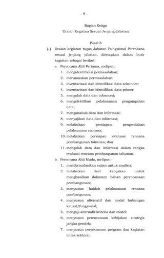 - 9 -
Bagian Ketiga
Uraian Kegiatan Sesuai Jenjang Jabatan
Pasal 8
(1) Uraian kegiatan tugas Jabatan Fungsional Perencana
sesuai jenjang jabatan, ditetapkan dalam butir
kegiatan sebagai berikut:
a. Perencana Ahli Pertama, meliputi:
1. mengidentifikasi permasalahan;
2. merumuskan permasalahan;
3. inventarisasi dan identifikasi data sekunder;
4. inventarisasi dan identifikasi data primer;
5. mengolah data dan informasi;
6. mengefektifkan pelaksanaan pengumpulan
data;
7. menganalisis data dan informasi;
8. menyajikan data dan informasi;
9. melakukan persiapan pengendalian
pelaksanaan rencana;
10. melakukan persiapan evaluasi rencana
pembangunan tahunan; dan
11. mengolah data dan informasi dalam rangka
evaluasi rencana pembangunan tahunan.
b. Perencana Ahli Muda, meliputi:
1. memformulasikan sajian untuk analisis;
2. melakukan riset kebijakan untuk
menghasilkan dokumen bahan perencanaan
pembangunan;
3. menyusun kaidah pelaksanaan rencana
pembangunan;
4. menyusun alternatif dan model hubungan
kausal/fungsional;
5. menguji alternatif kriteria dan model;
6. menyusun perencanaan kebijakan strategis
jangka pendek;
7. menyusun perencanaan program dan kegiatan
lintas sektoral;
 