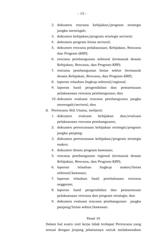 - 13 -
2. dokumen rencana kebijakan/program strategis
jangka menengah;
3. dokumen kebijakan/program strategis sectoral;
4. dokumen program lintas sectoral;
5. dokumen rencana pelaksanaan; Kebijakan, Rencana
dan Program (KRP);
6. rencana pembangunan sektoral (termasuk desain
Kebijakan, Rencana, dan Program-KRP);
7. rencana pembangunan lintas sektor (termasuk
desain Kebijakan, Rencana, dan Program-KRP);
8. laporan telaahan lingkup sektoral/regional;
9. laporan hasil pengendalian dan pemantauan
pelaksanaan rencana pembangunan; dan
10. dokumen evaluasi rencana pembangunan jangka
menengah/sectoral; dan
d. Perencana Ahli Utama, meliputi:
1. dokumen evaluasi kebijakan dan/evaluasi
pelaksanaan rencana pembangunan;
2. dokumen perencanaan kebijakan strategis/program
jangka panjang;
3. dokumen perencanaan kebijakan/program strategis
makro;
4. dokumen disain program kawasan;
5. rencana pembangunan regional (termasuk desain
Kebijakan, Rencana, dan Program-KRP);
6. laporan telaahan lingkup makro/lintas
sektoral/kawasan;
7. laporan telaahan hasil pembahasan rencana
anggaran;
8. laporan hasil pengendalian dan pemantauan
pelaksanaan rencana dan program strategis; dan
9. dokumen evaluasi rencana pembangunan jangka
panjang/lintas sektor/kawasan.
Pasal 10
Dalam hal suatu unit kerja tidak terdapat Perencana yang
sesuai dengan jenjang jabatannya untuk melaksanakan
 