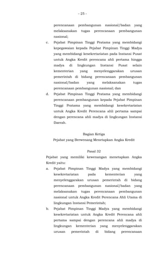 - 25 -
perencanaan pembangunan nasional/badan yang
melaksanakan tugas perencanaan pembangunan
nasional;
c. Pejabat Pimpinan Tinggi Pratama yang membidangi
kepegawaian kepada Pejabat Pimpinan Tinggi Madya
yang membidangi kesekretariatan pada Instansi Pusat
untuk Angka Kredit perencana ahli pertama hingga
madya di lingkungan Instansi Pusat selain
kementerian yang menyelenggarakan urusan
pemerintah di bidang perencanaan pembangunan
nasional/badan yang melaksanakan tugas
perencanaan pembangunan nasional; dan
d. Pejabat Pimpinan Tinggi Pratama yang membidangi
perencanaan pembangunan kepada Pejabat Pimpinan
Tinggi Pratama yang membidangi kesekretariatan
untuk Angka Kredit Perencana ahli pertama sampai
dengan perencana ahli madya di lingkungan Instansi
Daerah.
Bagian Ketiga
Pejabat yang Berwenang Menetapkan Angka Kredit
Pasal 32
Pejabat yang memiliki kewenangan menetapkan Angka
Kredit yaitu:
a. Pejabat Pimpinan Tinggi Madya yang membidangi
kesekretariatan pada kementerian yang
menyelenggarakan urusan pemerintah di bidang
perencanaan pembangunan nasional/badan yang
melaksanakan tugas perencanaan pembangunan
nasional untuk Angka Kredit Perencana Ahli Utama di
lingkungan Instansi Pemerintah;
b. Pejabat Pimpinan Tinggi Madya yang membidangi
kesekretariatan untuk Angka Kredit Perencana ahli
pertama sampai dengan perencana ahli madya di
lingkungan kementerian yang menyelenggarakan
urusan pemerintah di bidang perencanaan
 