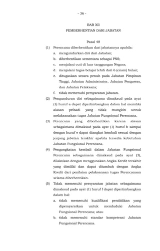 - 36 -
BAB XII
PEMBERHENTIAN DARI JABATAN
Pasal 48
(1) Perencana diberhentikan dari jabatannya apabila:
a. mengundurkan diri dari Jabatan;
b. diberhentikan sementara sebagai PNS;
c. menjalani cuti di luar tanggungan Negara;
d. menjalani tugas belajar lebih dari 6 (enam) bulan;
e. ditugaskan secara penuh pada Jabatan Pimpinan
Tinggi, Jabatan Administrator, Jabatan Pengawas,
dan Jabatan Pelaksana;
f. tidak memenuhi persyaratan jabatan.
(2) Pengunduran diri sebagaimana dimaksud pada ayat
(1) huruf a dapat dipertimbangkan dalam hal memiliki
alasan pribadi yang tidak mungkin untuk
melaksanakan tugas Jabatan Fungsional Perencana.
(3) Perencana yang diberhentikan karena alasan
sebagaimana dimaksud pada ayat (1) huruf b sampai
dengan huruf e dapat diangkat kembali sesuai dengan
jenjang jabatan terakhir apabila tersedia kebutuhan
Jabatan Fungsional Perencana.
(4) Pengangkatan kembali dalam Jabatan Fungsional
Perencana sebagaimana dimaksud pada ayat (3),
dilakukan dengan menggunakan Angka Kredit terakhir
yang dimiliki dan dapat ditambah dengan Angka
Kredit dari penilaian pelaksanaan tugas Perencanaan
selama diberhentikan.
(5) Tidak memenuhi persyaratan jabatan sebagaimana
dimaksud pada ayat (1) huruf f dapat dipertimbangkan
dalam hal:
a. tidak memenuhi kualifikasi pendidikan yang
dipersyaratkan untuk menduduki Jabatan
Fungsional Perencana; atau
b. tidak memenuhi standar kompetensi Jabatan
Fungsional Perencana.
 