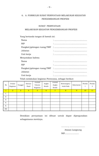 - 9 -
6. A. FORMULIR SURAT PERNYATAAN MELAKUKAN KEGIATAN
PENGEMBANGAN PROFESI
SURAT PERNYATAAN
MELAKUKAN KEGIATAN PENGEMBANGAN PROFESI
Yang bertanda tangan di bawah ini:
Nama : ...................................................
NIP : ...................................................
Pangkat/golongan ruang/TMT : ...................................................
Jabatan : ...................................................
Unit kerja : …................................................
Menyatakan bahwa:
Nama : ...................................................
NIP : ...................................................
Pangkat/golongan ruang/TMT : ...................................................
Jabatan : ...................................................
Unit kerja : ...................................................
Telah melakukan kegiatan Perencana, sebagai berikut:
No
Uraian
Kegiatan
Tanggal
Satuan
Hasil
Jumlah
Volume
Kegiatan
Angka
Kredit
Jumlah
Angka
Kredit
Keterangan/
bukti fisik
Sekretariat
Penilai
1
Penilai
2
1 2 3 4 5 6 7 8 9 10 11
1.
2.
3.
4.
5.
dst
Demikian pernyataan ini dibuat untuk dapat dipergunakan
sebagaimana mestinya.
..........., ........................
Atasan Langsung
NIP......................
 