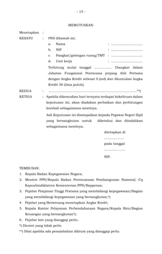 - 15 -
MEMUTUSKAN:
Menetapkan :
KESATU : PNS dibawah ini:
a. Nama : ..............................
b. NIP : ..............................
c. Pangkat/golongan ruang/TMT : ..............................
d. Unit kerja : ..............................
Terhitung mulai tanggal ……………. Diangkat dalam
Jabatan Fungsional Perencana jenjang Ahli Pertama
dengan Angka Kredit sebesar 0 (nol) dan Akumulasi Angka
Kredit 50 (lima puluh).
KEDUA : ………………………………………………………………………**)
KETIGA : Apabila dikemudian hari ternyata terdapat kekeliruan dalam
keputusan ini, akan diadakan perbaikan dan perhitungan
kembali sebagaimana mestinya.
Asli Keputusan ini disampaikan kepada Pegawai Negeri Sipil
yang bersangkutan untuk diketahui dan diindahkan
sebagaimana mestinya.
ditetapkan di
...................
pada tanggal
....….............
NIP.
TEMBUSAN:
1. Kepala Badan Kepegawaian Negara;
2. Menteri PPN/Kepala Badan Perencanaan Pembangunan Nasional, Cq
Kapusbindiklatren Kementerian PPN/Bappenas;
3. Pejabat Pimpinan Tinggi Pratama yang membidangi kepegawaian/Bagian
yang membidangi kepegawaian yang bersangkutan;*)
4. Pejabat yang Berwenang menetapkan Angka Kredit;
5. Kepala Kantor Pelayanan Perbendaharaan Negara/Kepala Biro/Bagian
Keuangan yang bersangkutan*);
6. Pejabat lain yang dianggap perlu.
*) Dicoret yang tidak perlu
**) Diisi apabila ada penambahan diktum yang dianggap perlu
 