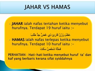 • JAHAR ialah nafas tertahan ketika menyebut
hurufnya. Terdapat 19 huruf iaitu :-
َ‫ب‬َ‫ل‬َ‫ط‬ ٍّ‫ِد‬‫ج‬ ٍّ‫َض‬‫غ‬ ‫ِي‬‫ذ‬ ٍ‫ئ‬ِ‫ر‬‫َا‬‫ق‬ ُ‫ن‬ْ‫ز‬َ‫و‬ َ‫م‬ُ‫ظ‬َ‫ع‬
• HAMAS ialah nafas terlepas ketika menyebut
hurufnya. Terdapat 10 huruf iaitu :-
َ‫ت‬َ‫ك‬َ‫س‬ ٌ‫ص‬ْ‫خ‬َ‫ش‬ ُ‫ه‬َّ‫َث‬‫ح‬َ‫ف‬
PERHATIAN : Hati-hati ketika menyebut huruf ta’ dan
kaf yang berbaris kerana sifat syiddahnya
 