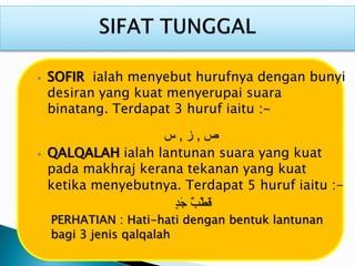 • SOFIR ialah menyebut hurufnya dengan bunyi
desiran yang kuat menyerupai suara
binatang. Terdapat 3 huruf iaitu :-
‫ص‬,‫ز‬,‫س‬
• QALQALAH ialah lantunan suara yang kuat
pada makhraj kerana tekanan yang kuat
ketika menyebutnya. Terdapat 5 huruf iaitu :-
ٍ‫د‬َ‫ج‬ ٌ‫ب‬ْ‫ط‬َ‫ق‬
PERHATIAN : Hati-hati dengan bentuk lantunan
bagi 3 jenis qalqalah
 